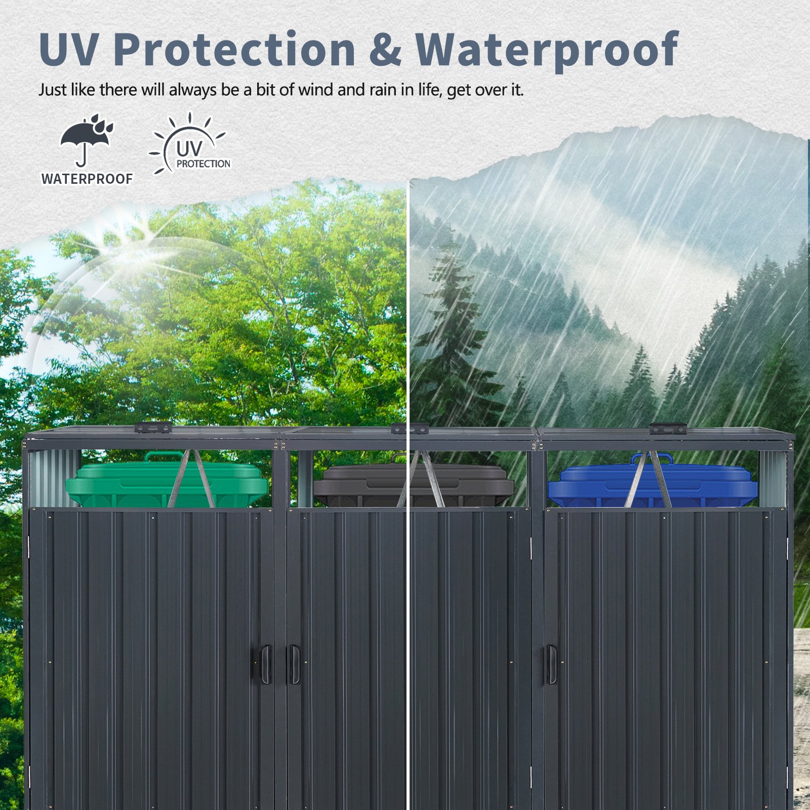 Garbage Bin Shed Stores 3 Trash Cans Metal Outdoor Bin Shed For Garbage Storage, Stainless Galvanized Steel, Bin Shed For Garden Yard Lawn W540S00009 - Charcoal - Image 18