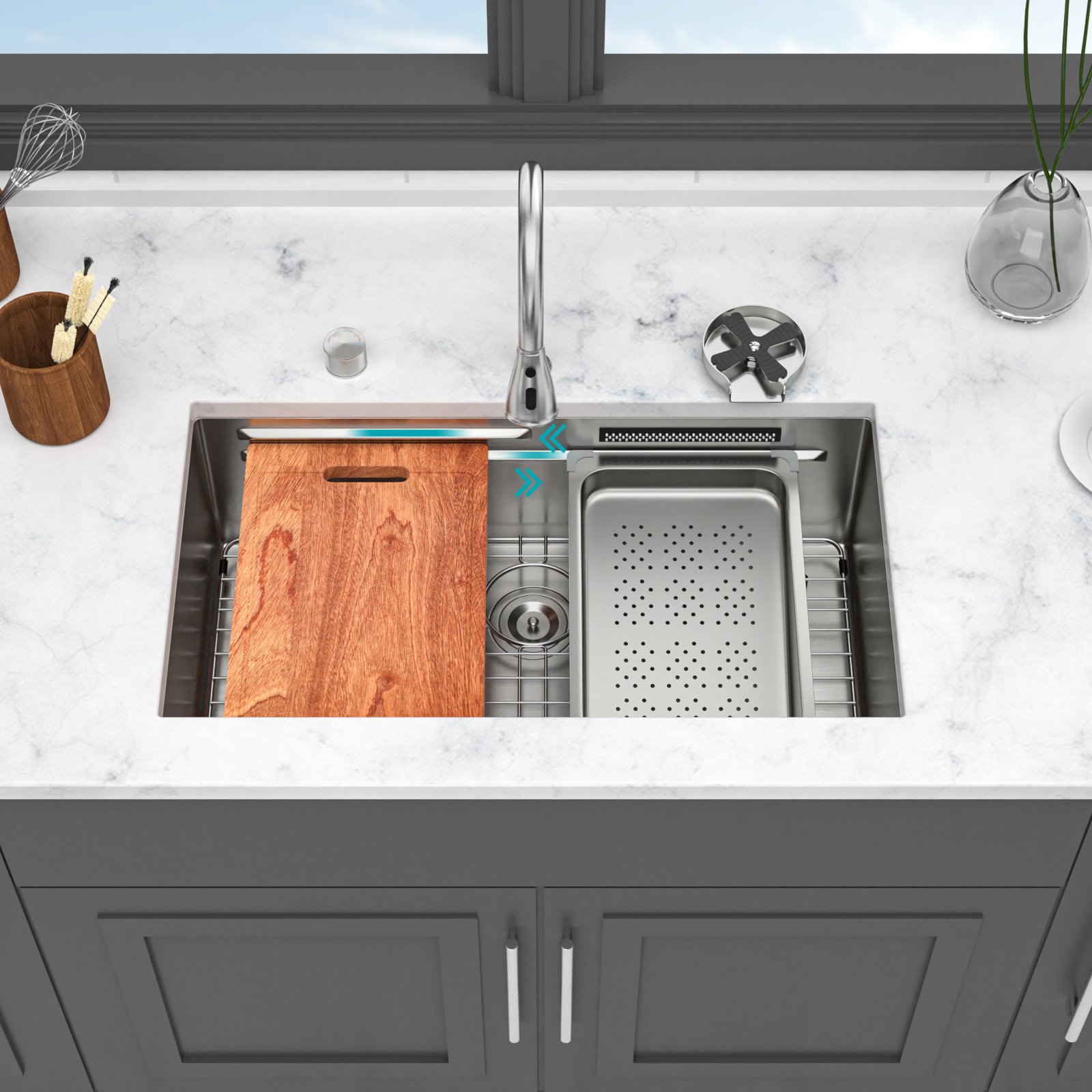 33" Undermount Waterfall Kitchen Sink 16 Gauge T304 Stainless Steel Single Bowl With Pull Down Faucet & Ledge Workstation - Brushed Nickel - Image 5