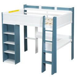 Full Size Loft Bed With Built In Storage Shelves, Clothes Rail, And Desk - White / Blue