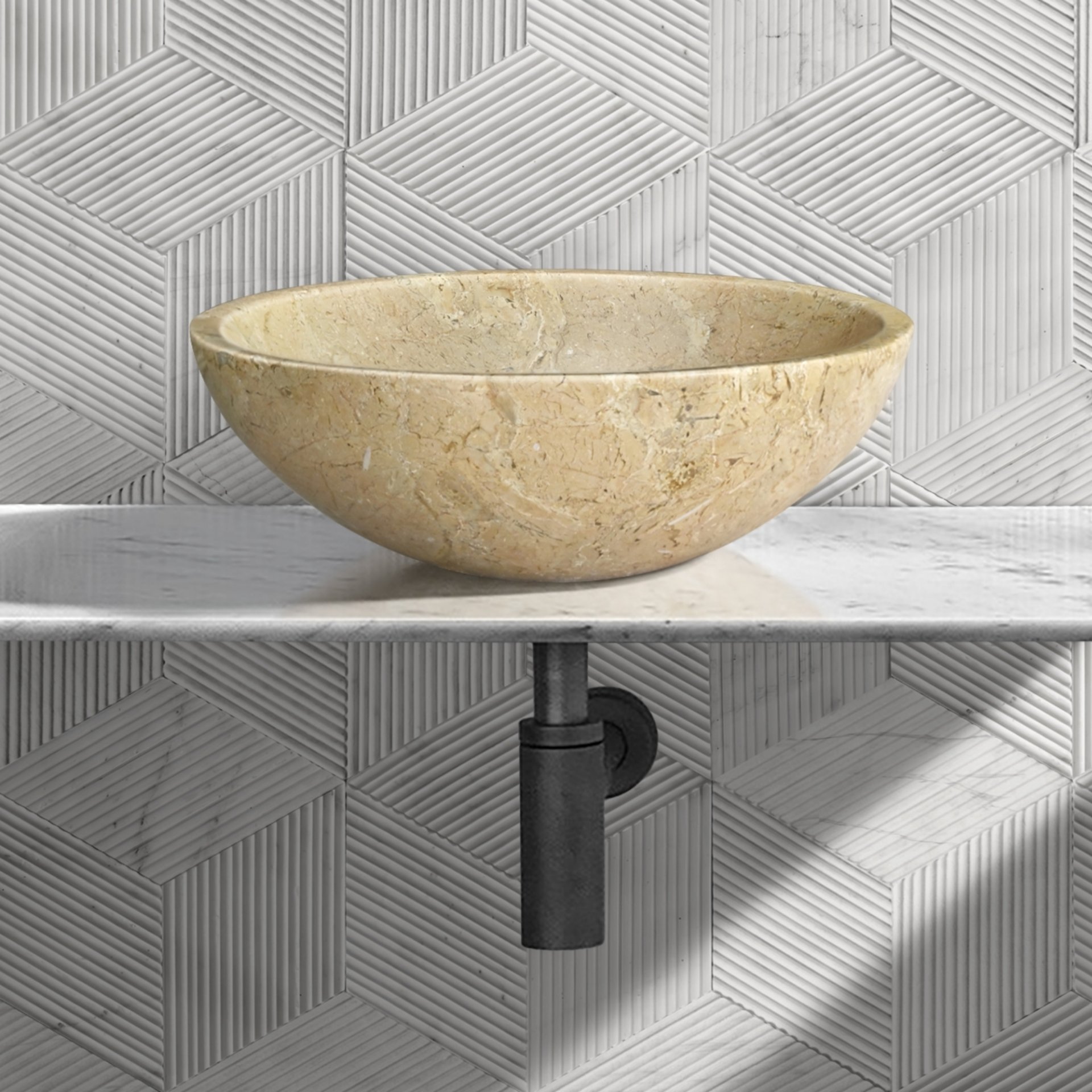 Bathroom Vessel Sink, Semi Polished Surface, Genuine Real Marble - Beige / Gold - Image 2