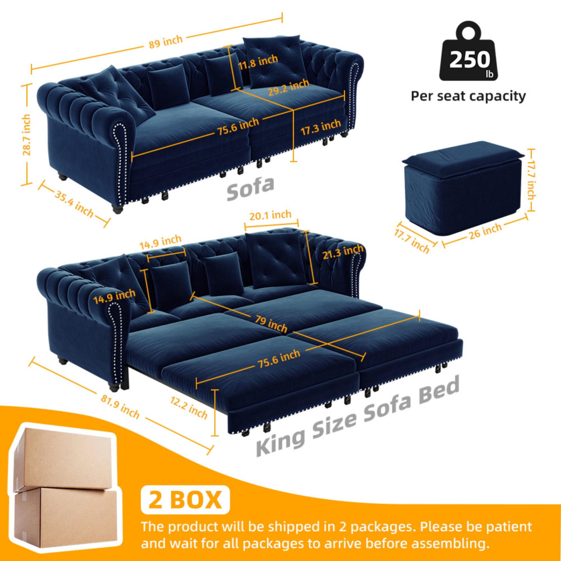 3 In 1 Pull Out Sofa Bed, Convertible Sleeper Sofa Bed, 3 Seater Sofa With Movable Ottoman - Blue - Image 3