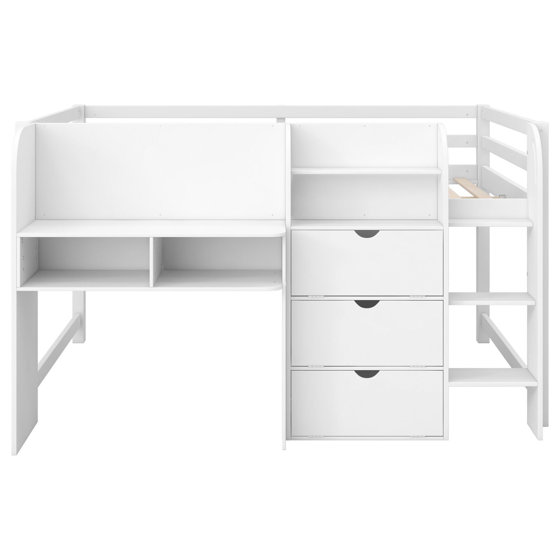 Full Size Low Loft Bed With Built In Desk, Storage Cabinets, Open Bookcase And Doodle Blackboard - White - Image 8