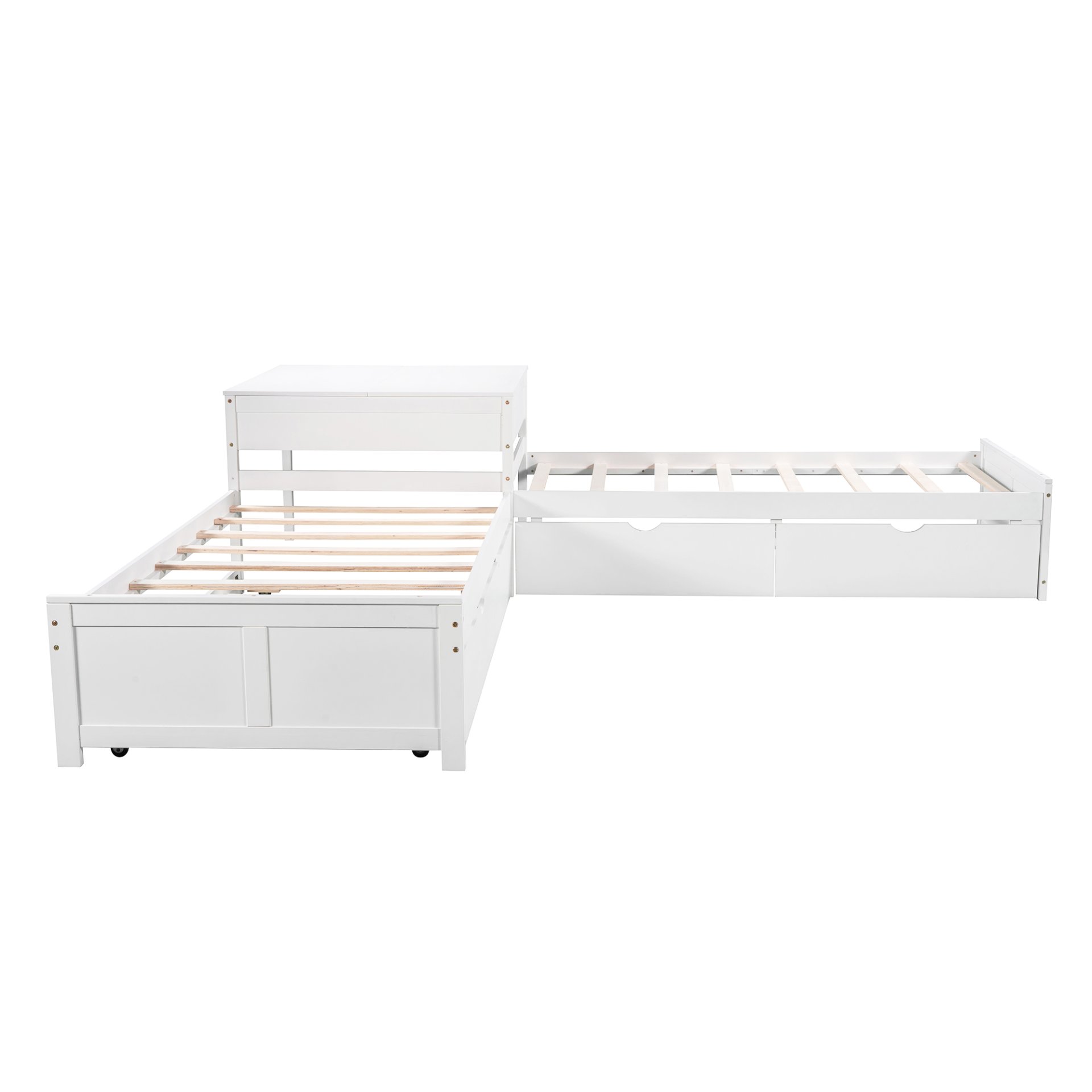 L-Shaped Platform Bed With Trundle And Drawers Linked With Built In Desk, Twin - White - Image 13