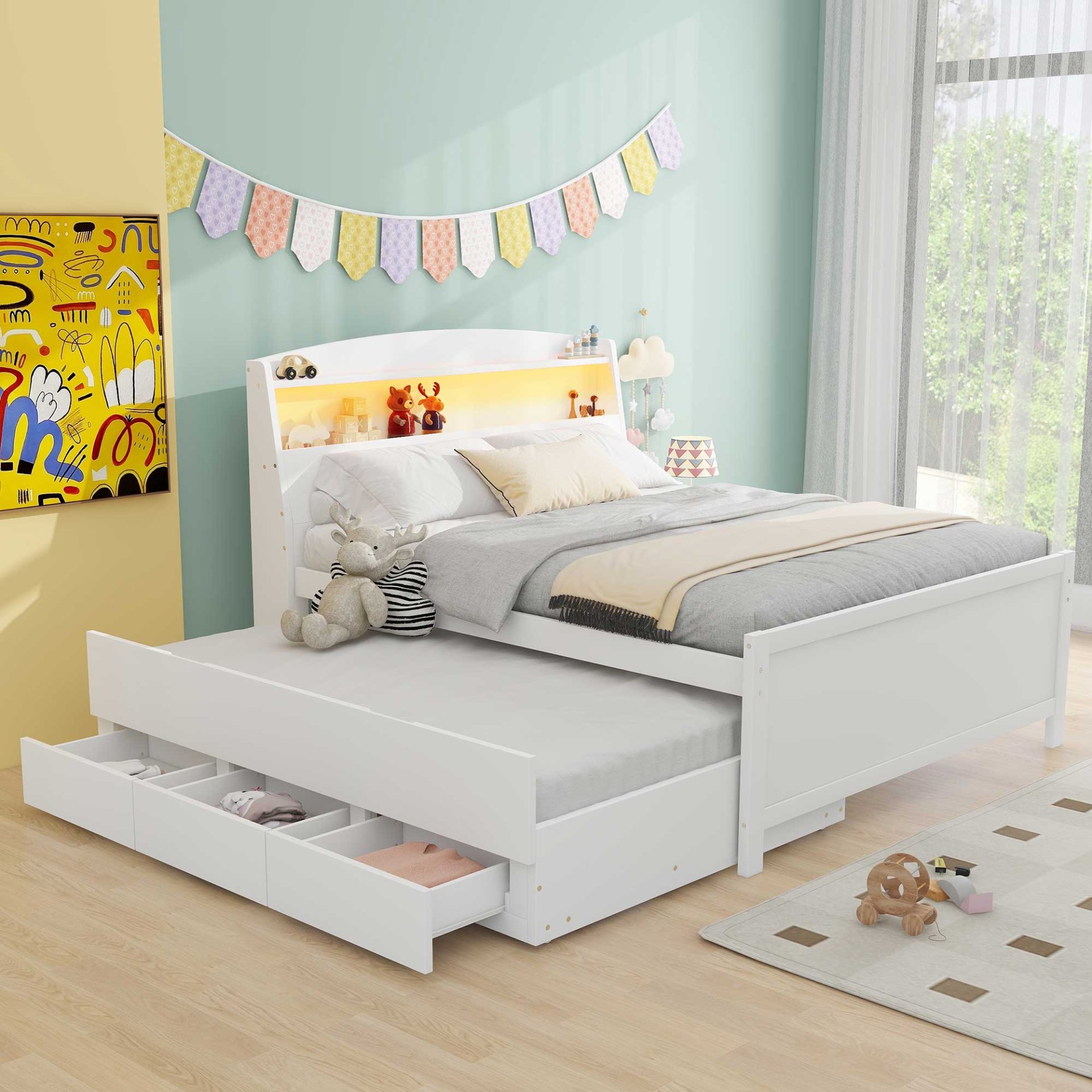 Full Size Platform Bed With Storage LED Headboard, Twin Trundle And 3 Drawers - White - Image 4