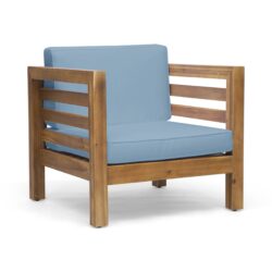 Outdoor Club Chair, Acacia Wood Patio Chair With Fabric Cushion For Backyard, Poolside, Garden Or Porch - Pecan / Blue