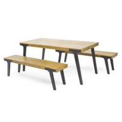1 Dining Table & 2 Dining Benches - Light Teak