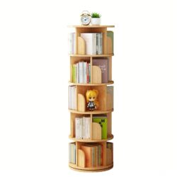 5 Tier Rotating Bookshelf, 360° Spinning Design, Space Saving Storage, For Home And Office - Wood