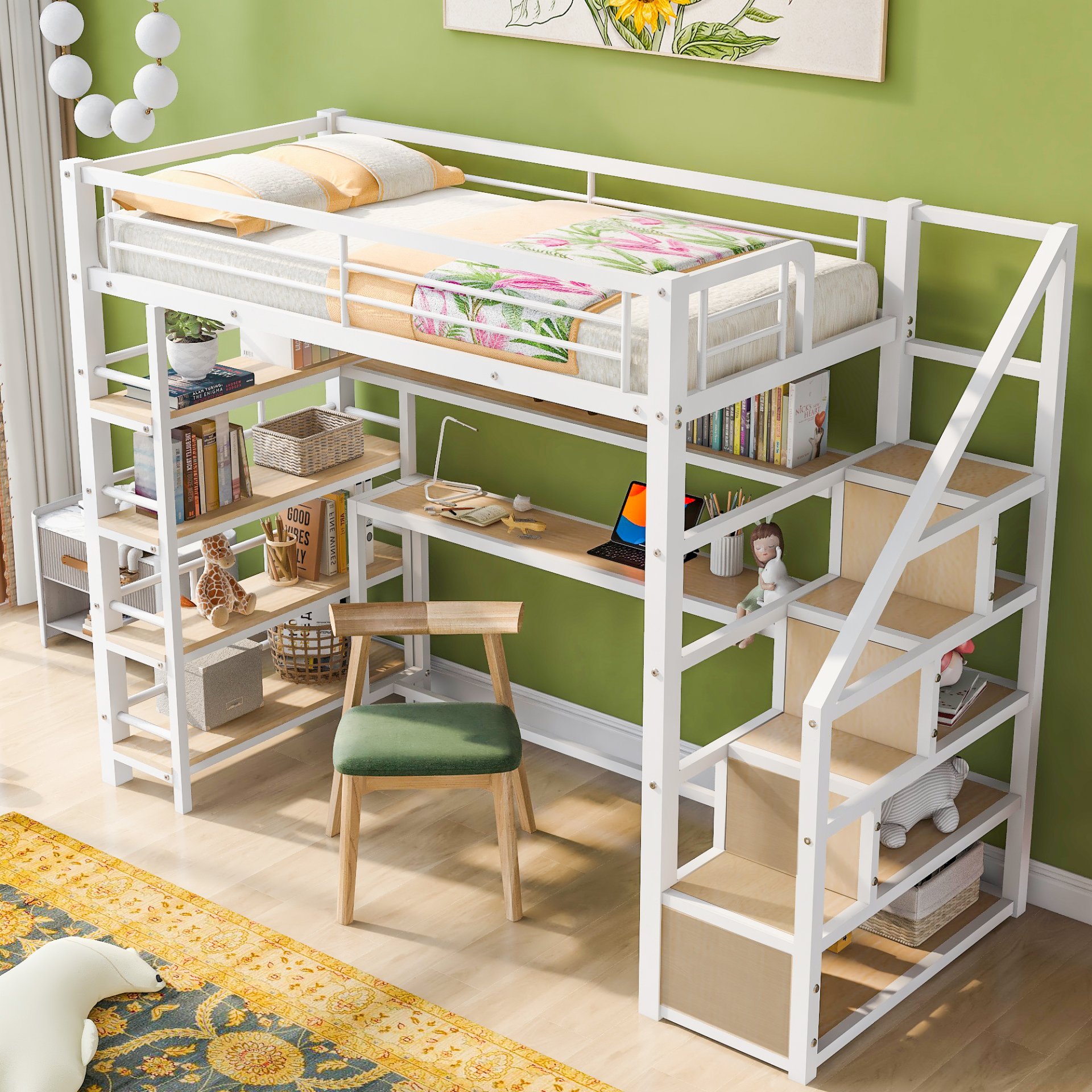 Twin Size Loft Bed With Built In Desk, Staircase Storage & 4 Tier Shelves - White - Image 4