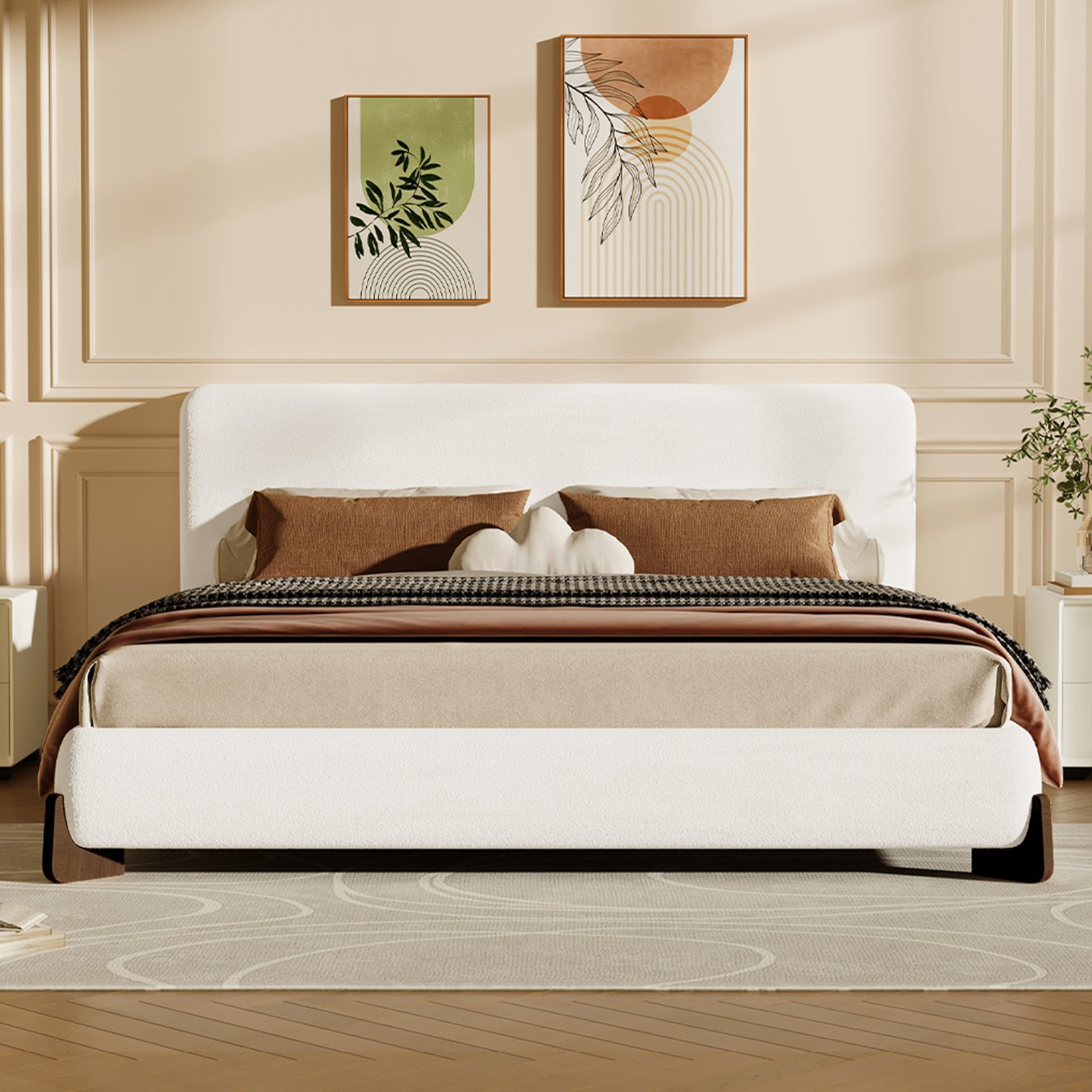 Queen Size, Boucle Upholstered Bed - White - Image 4
