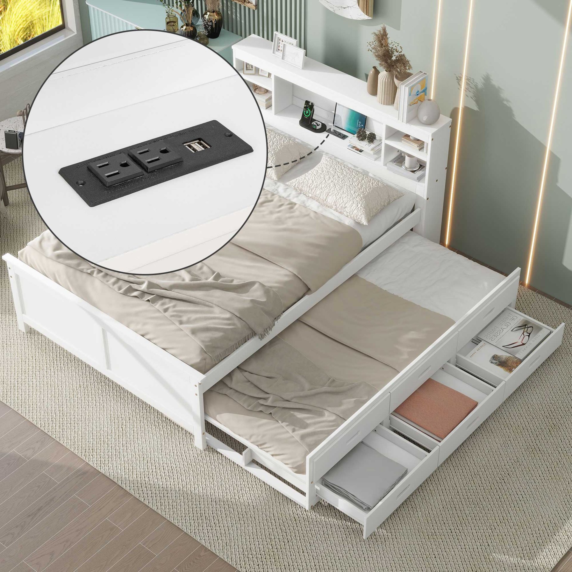 Full Size Platform Bed With Storage Headboard, USB Ports, Twin Trundle, 3 Drawers Construction - White - Image 4