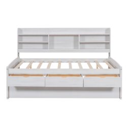 Full Size Captain Bed With Built In Bookshelves, 3 Storage Drawers, And Trundle - White