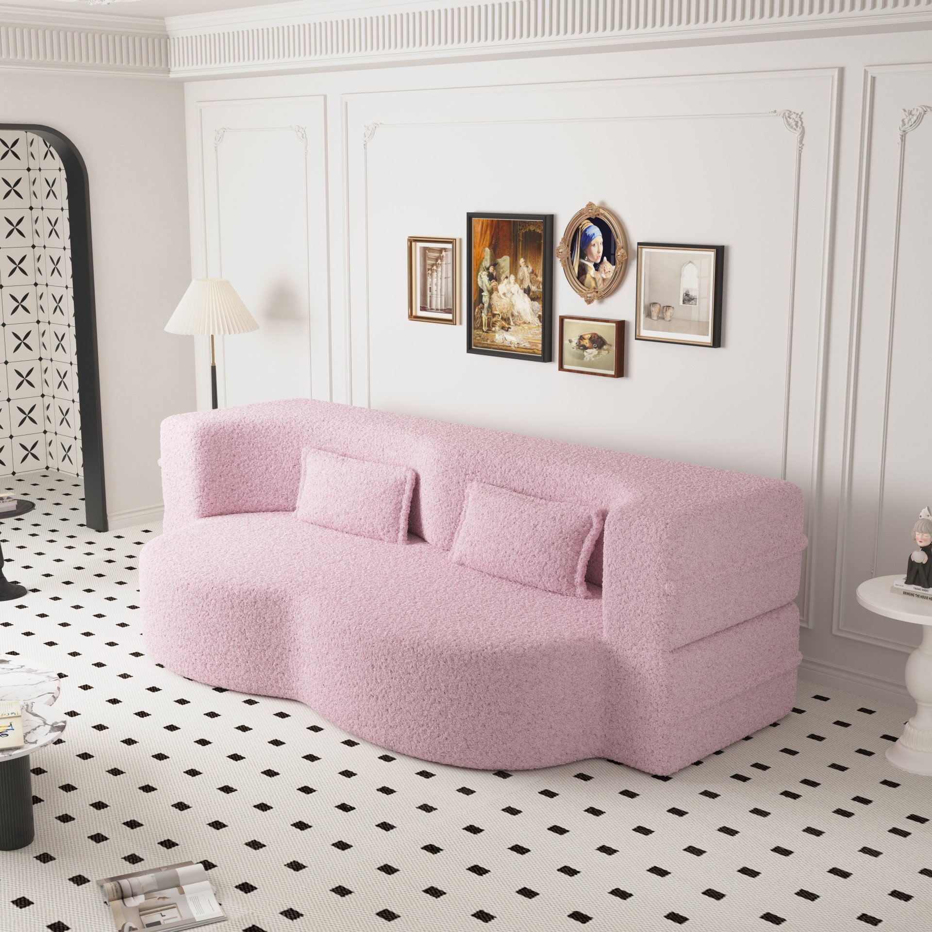 Modern Floor Sofa With 2 Pillows, Convertible Teddy Fabric Foam Filled Sleeper Sofa Bed, Full Size Folding Mattress For Living Room Guest Bed, Playroom, No Assembly Required - Pink - Image 8