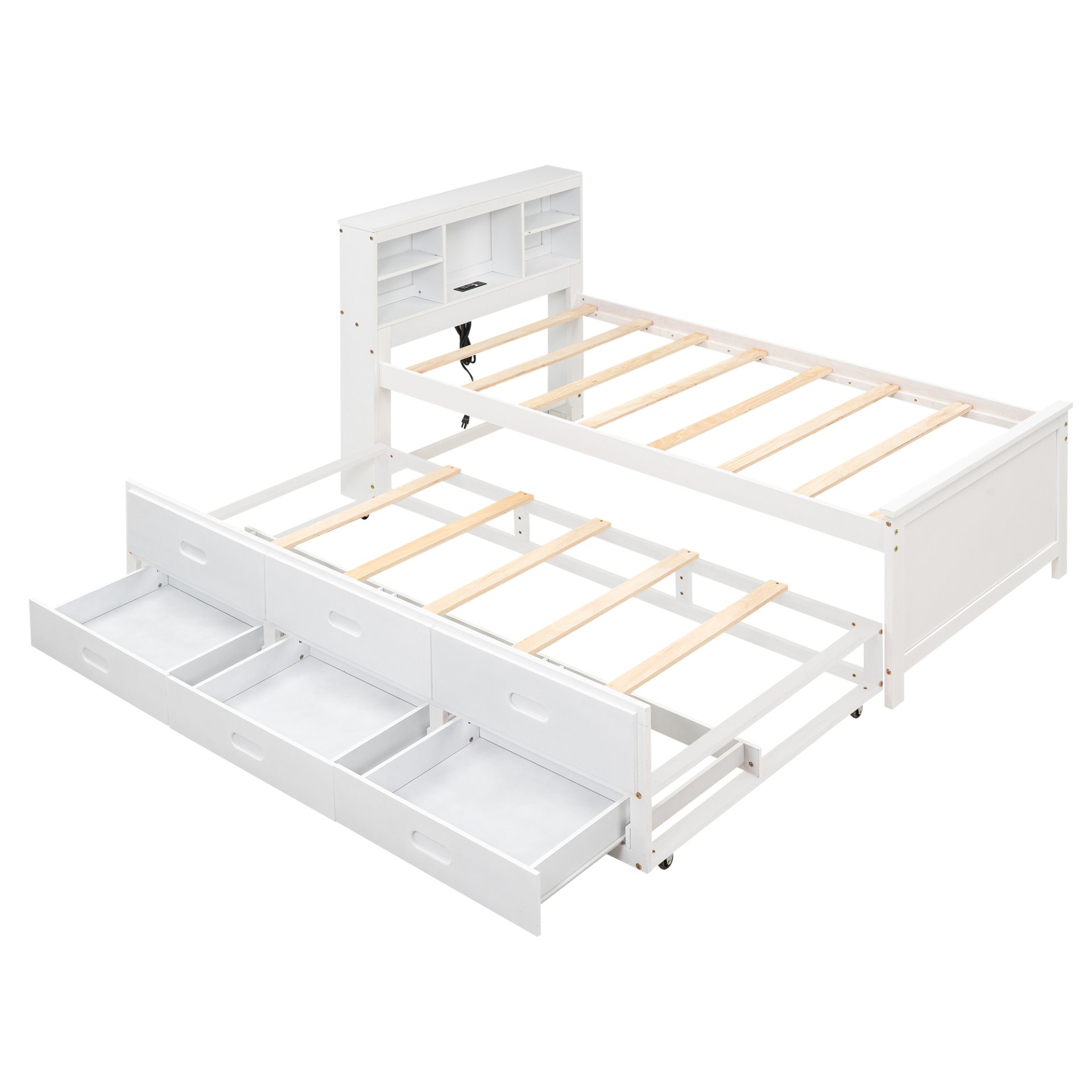 Twin Size Platform Bed With Storage Headboard, USB, Trundle And 3 Drawers - White - Image 16