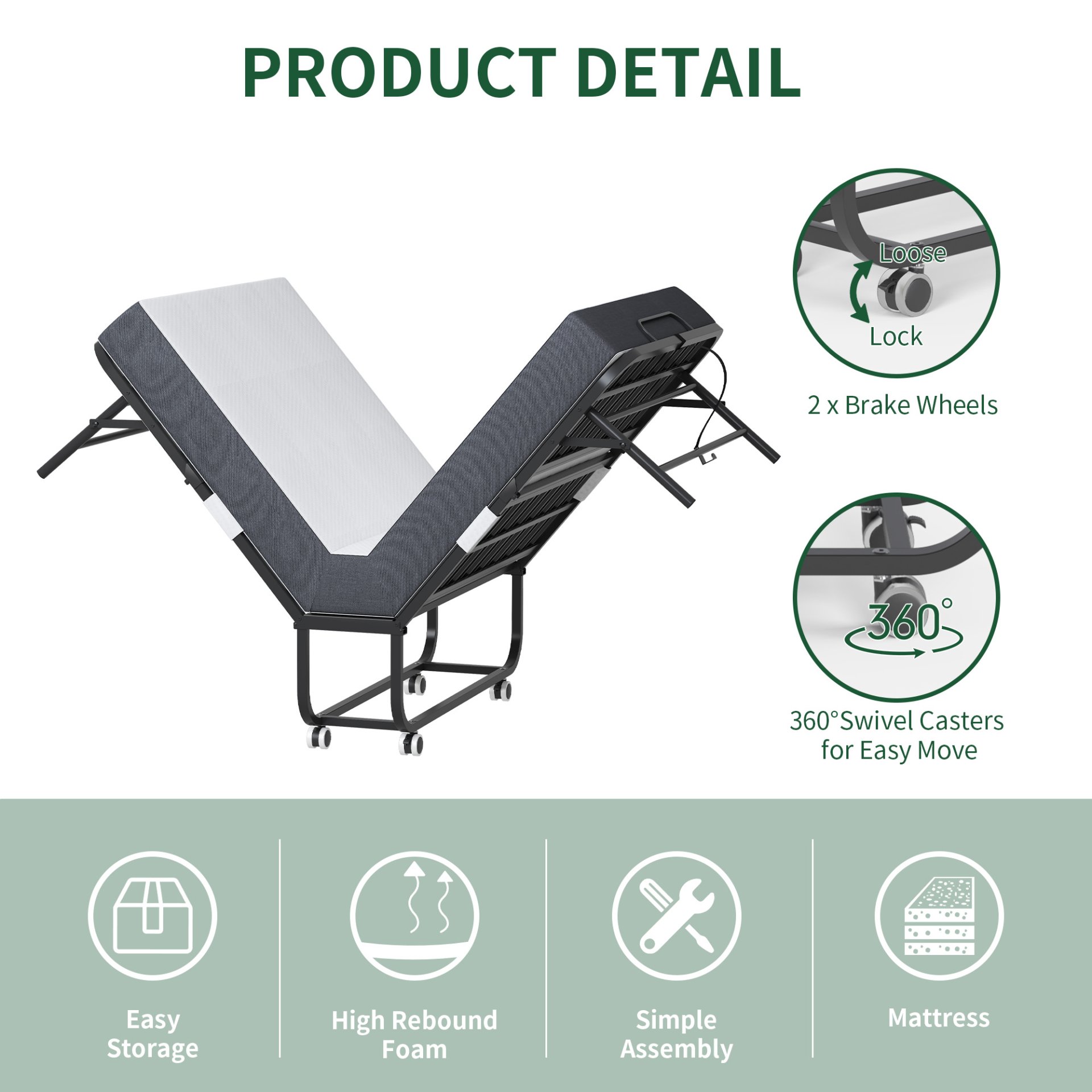 Twin Folding Bed With Memory Foam Mattress Portable Rollaway Bed Sturdy Metal Frame - Brushed Nickel - Image 7