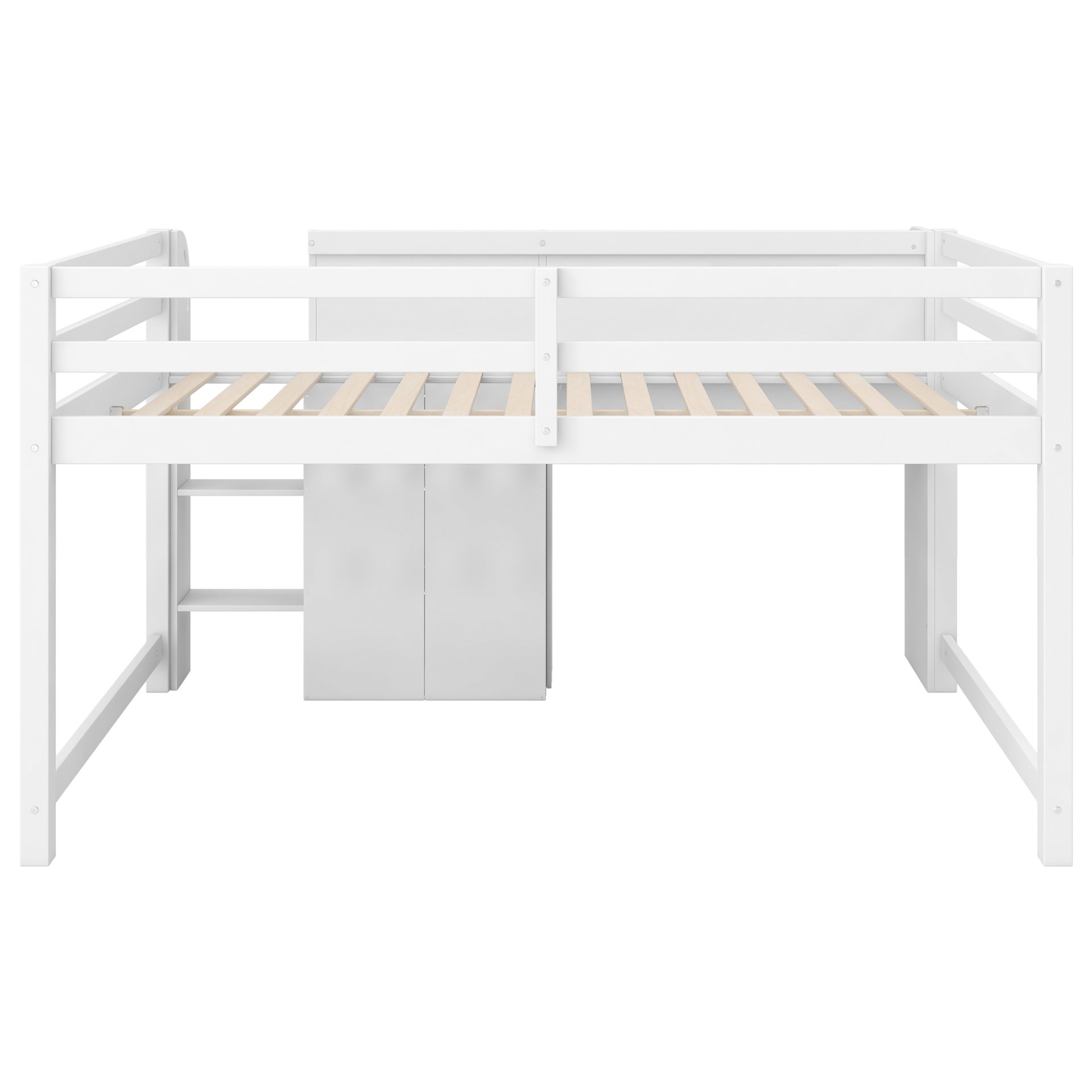 Full Size Low Loft Bed With Built In Desk, Storage Cabinets, Open Bookcase And Doodle Blackboard - White - Image 10