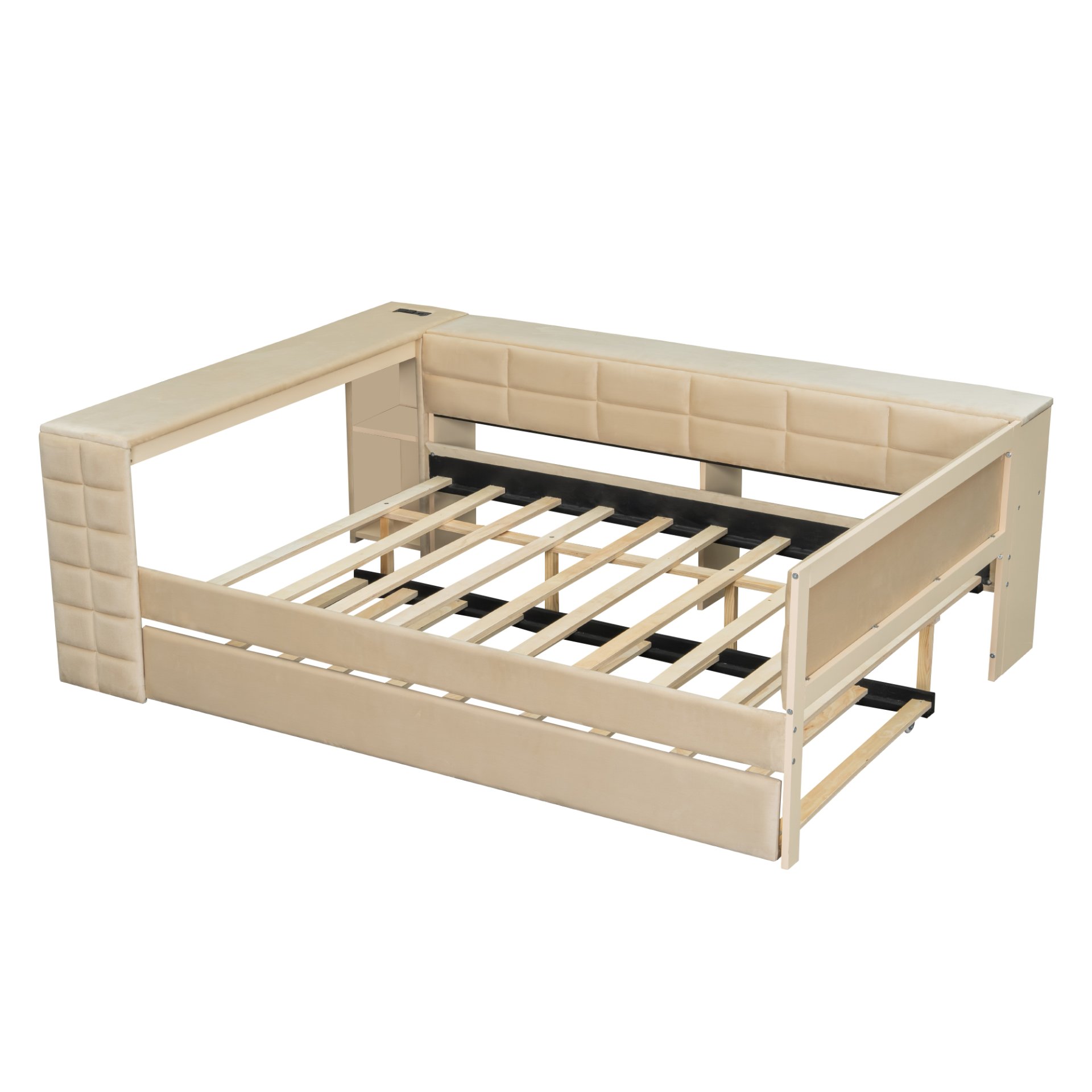 Upholstered Full Size Platform Bed With Storage Shelves, Desk, Charging Station And Trundle - Beige - Image 7