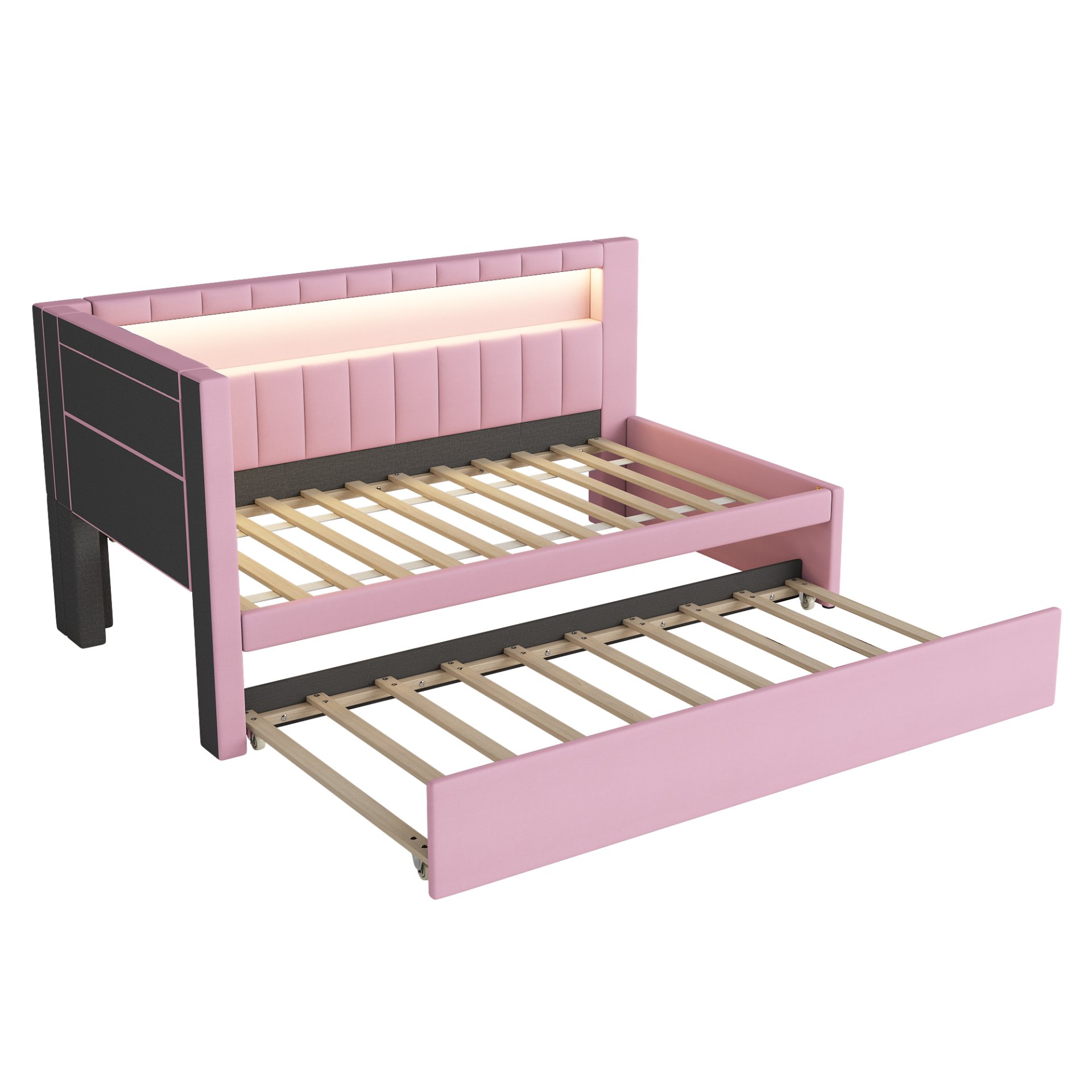 Twin Upholstered Platform Bed With USB Ports And LED Belt, Includes Trundle - Pink - Image 7