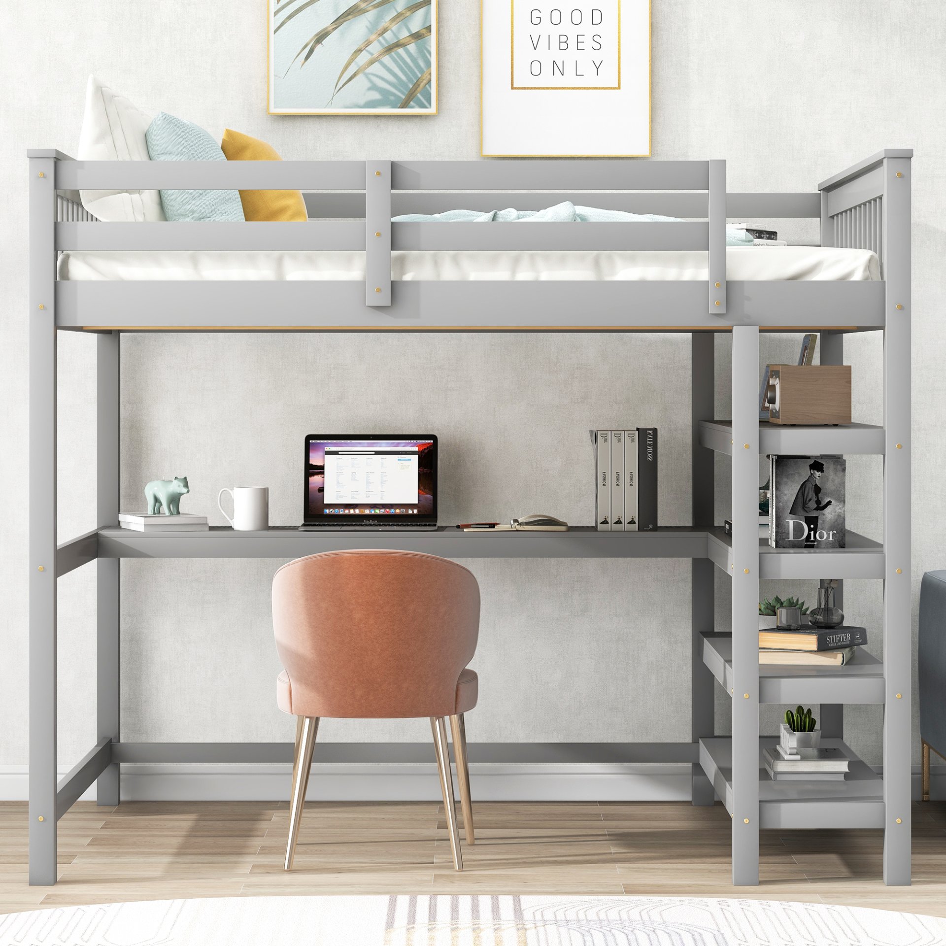 Full Size Loft Bed With Storage Shelves And Under Bed Desk - Gray - Image 5