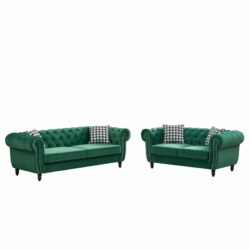 Chesterfield Sofa With Roll Armrest & Nailhead, 3 And 2 Seater - Green