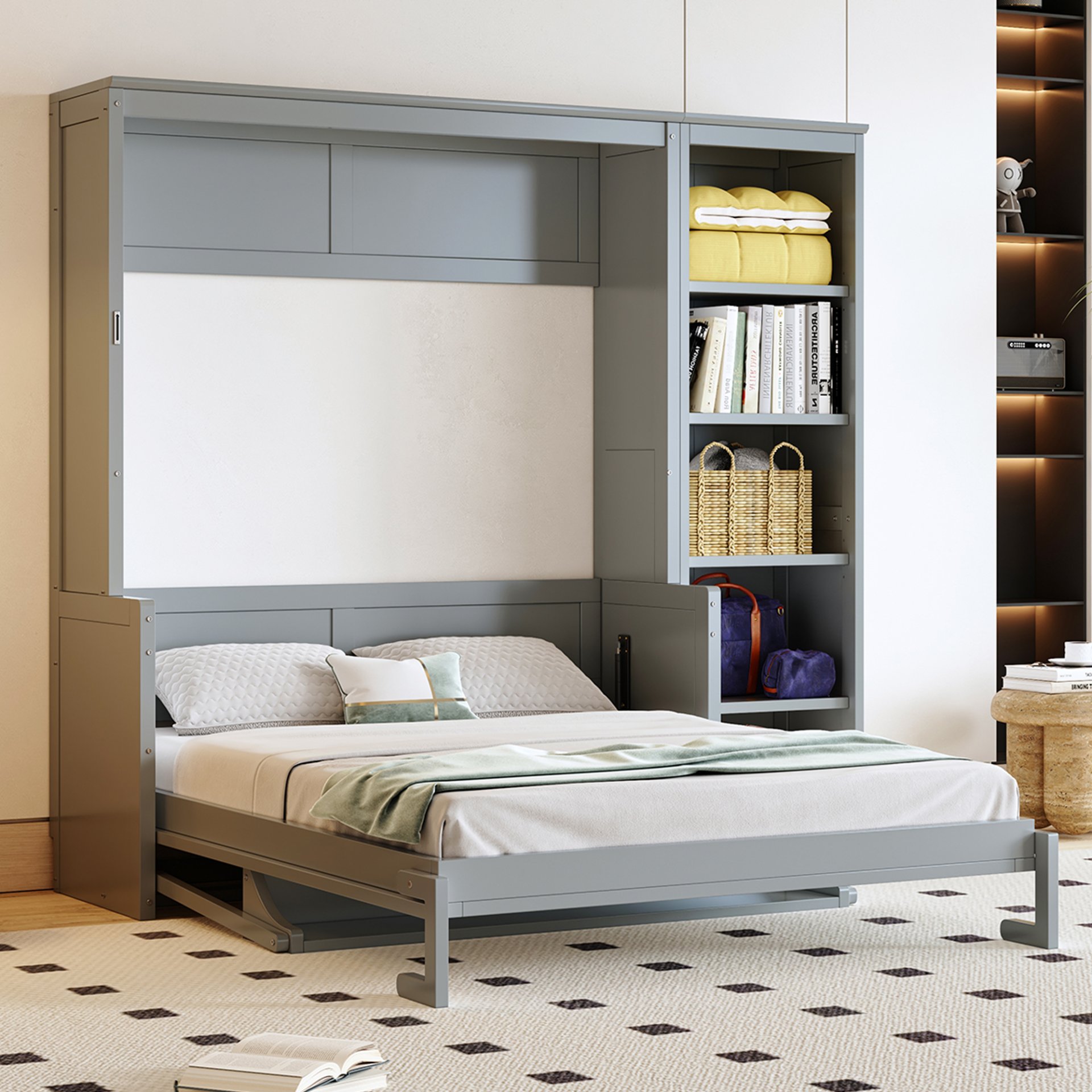 Full Size Murphy Bed With Desk And Bookshelf - Gray - Image 5