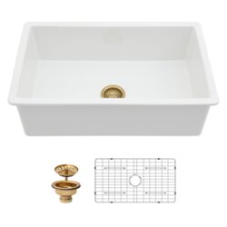 30" Undermount Single Bowl Kitchen Sink Dual Mount Rectangular Deep Bowl With Grid And Strainer - White