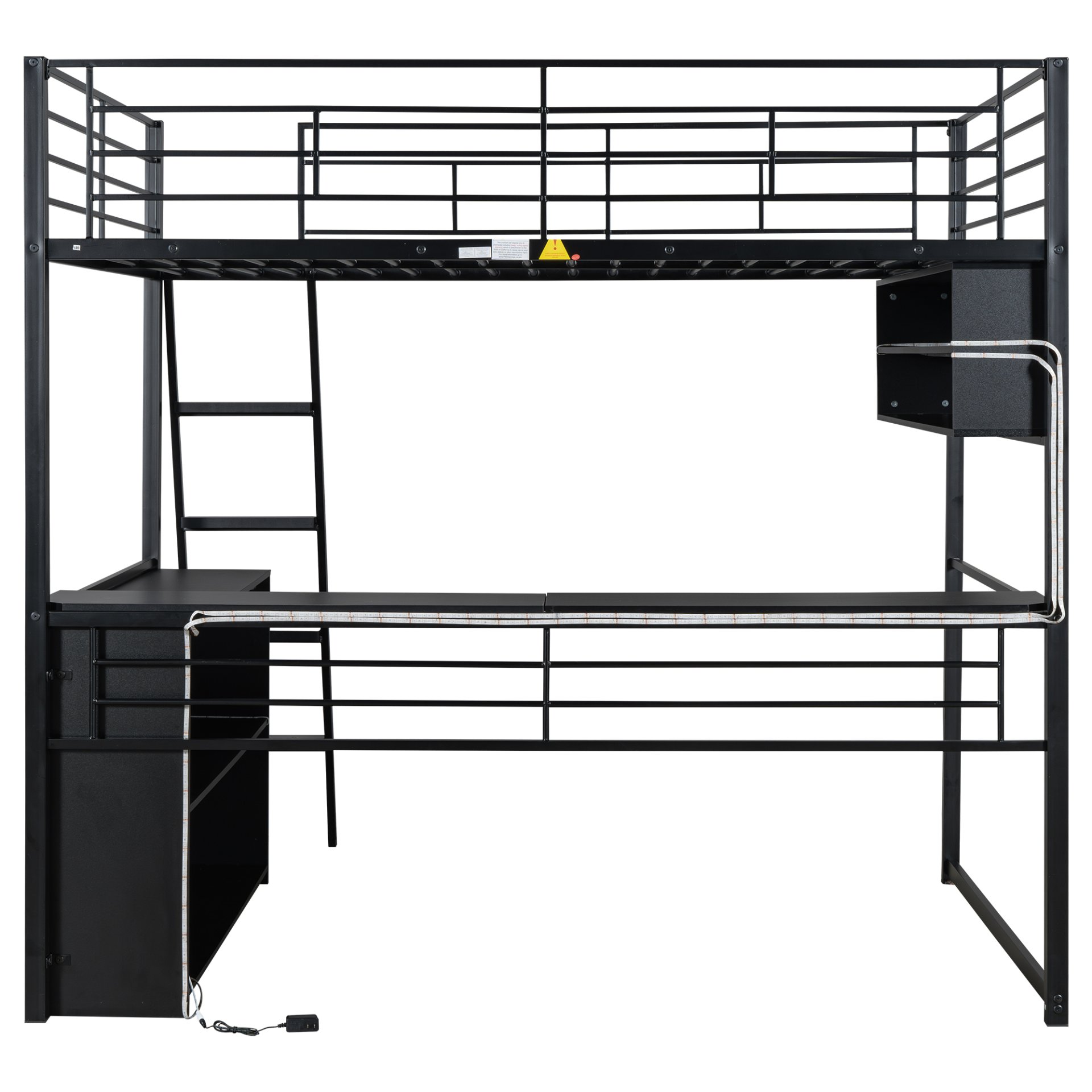 Full Size Loft Bed With LED Desk And 4 Storage Shelves - Black - Image 11