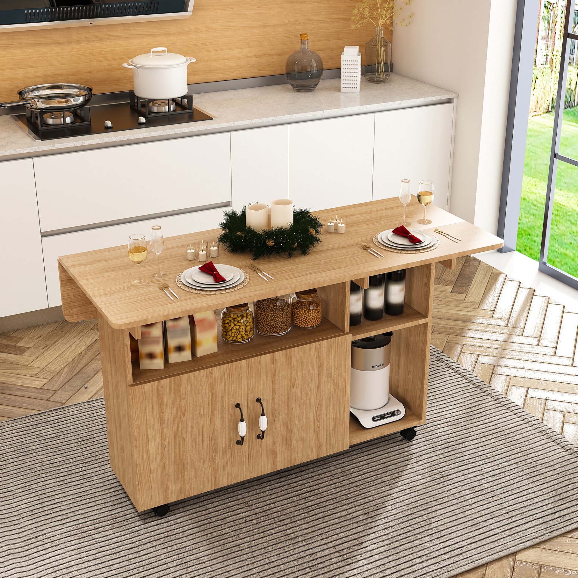 Multifunctional Folding Table With Storage Shelves And Wheels, Compact Desk For Kitchen - Walnut - Image 8