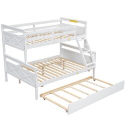 Twin Over Full Bunk Bed With Ladder, Twin Trundle, Safety Guardrail - White