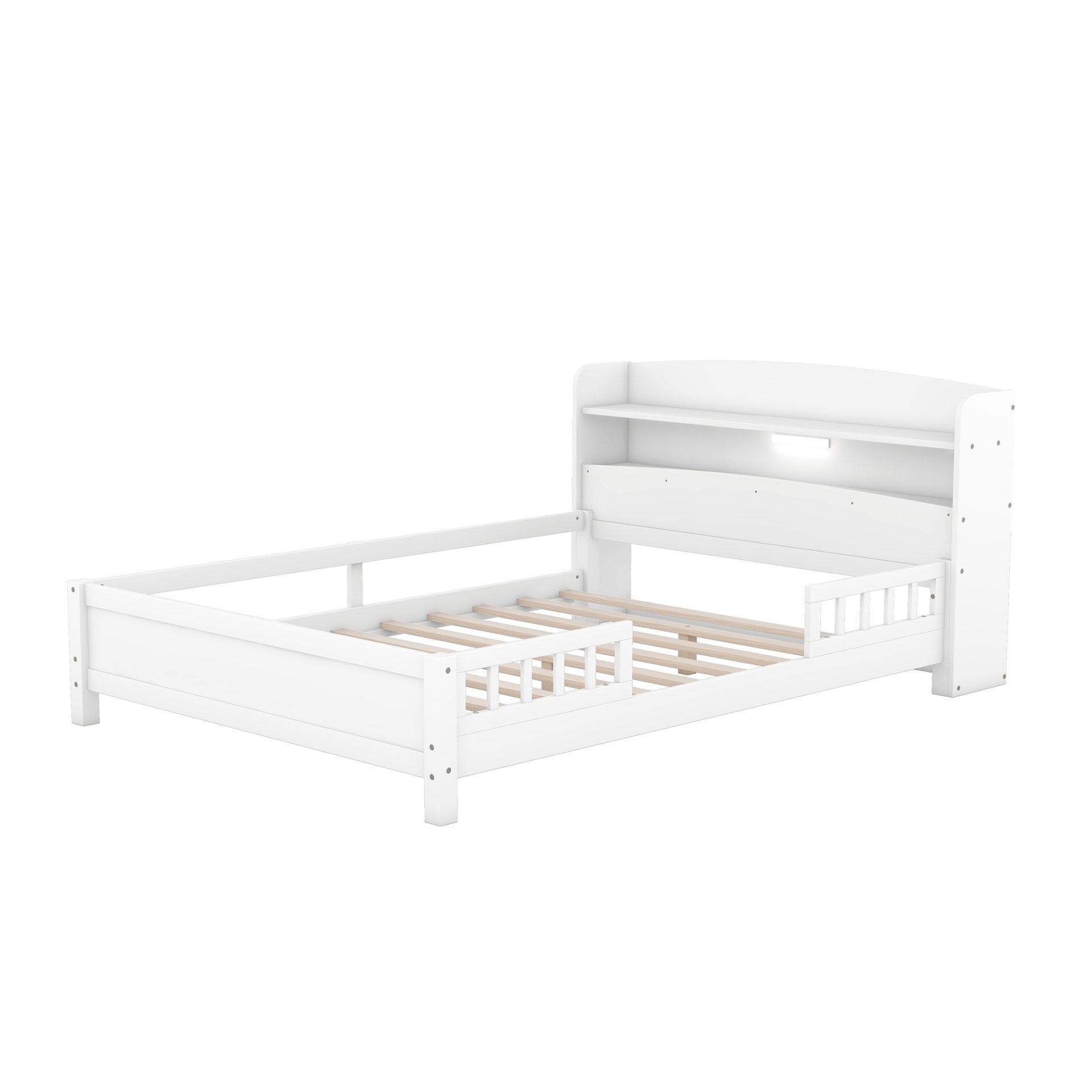 Full Size Platform Bed With LED Light, Storage Headboard And Guardrail - White - Image 12