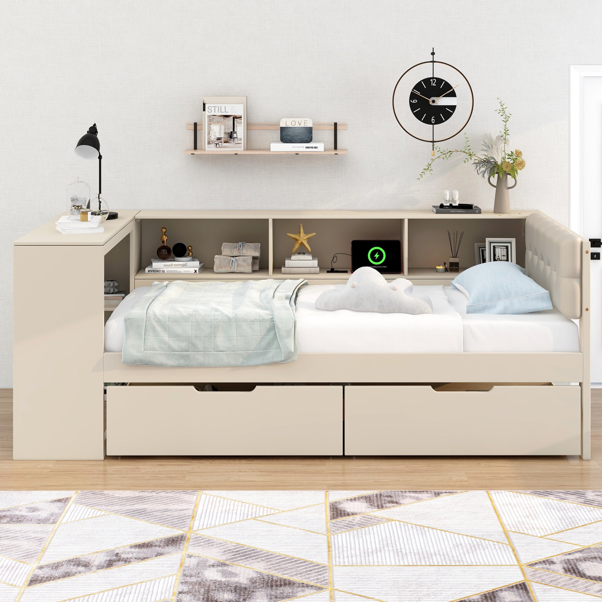 Upholstered Headboard Twin Size Platform Bed With Storage Shelves, Drawers, Charging Station - Cream - Image 2