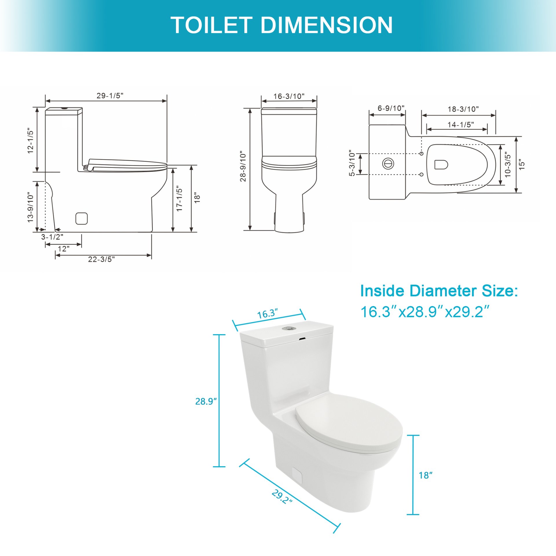 1 Piece Toilet & Dual Flush, Soft Closing Seat - White - Image 3