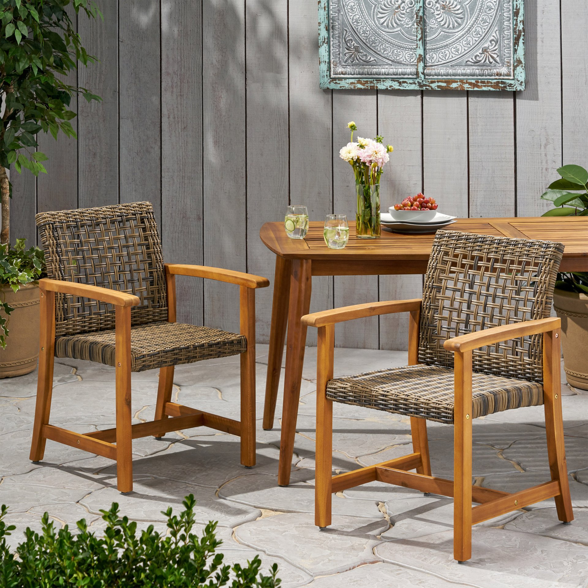 Outdoor Dining Chair (Set of 2), Teak Acacia Wood Frame - Natural Stained - Image 5