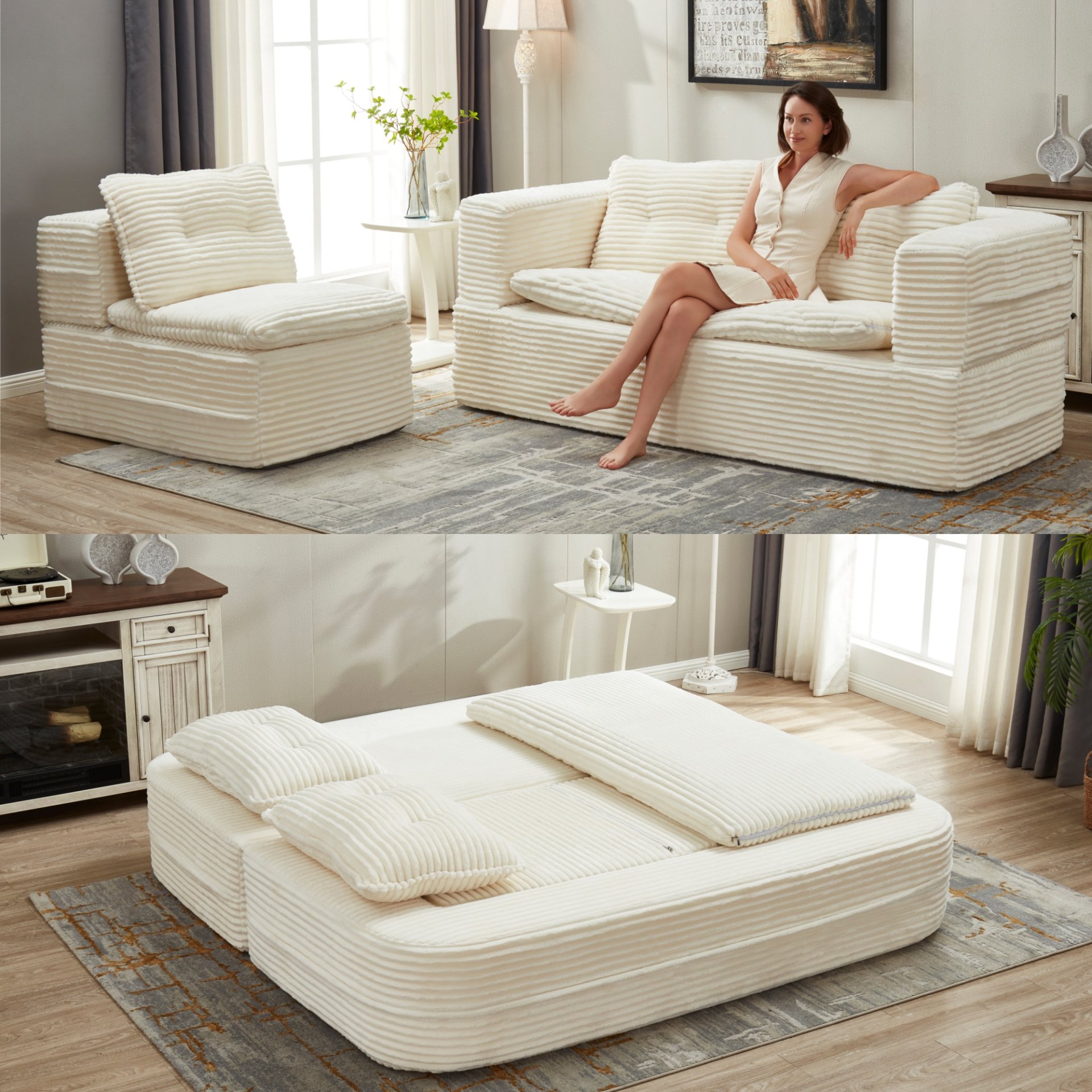 Multi Functional Sectional Sofa Bed With Independent Chaise Lounge And Functional Blanket - Beige - Image 4