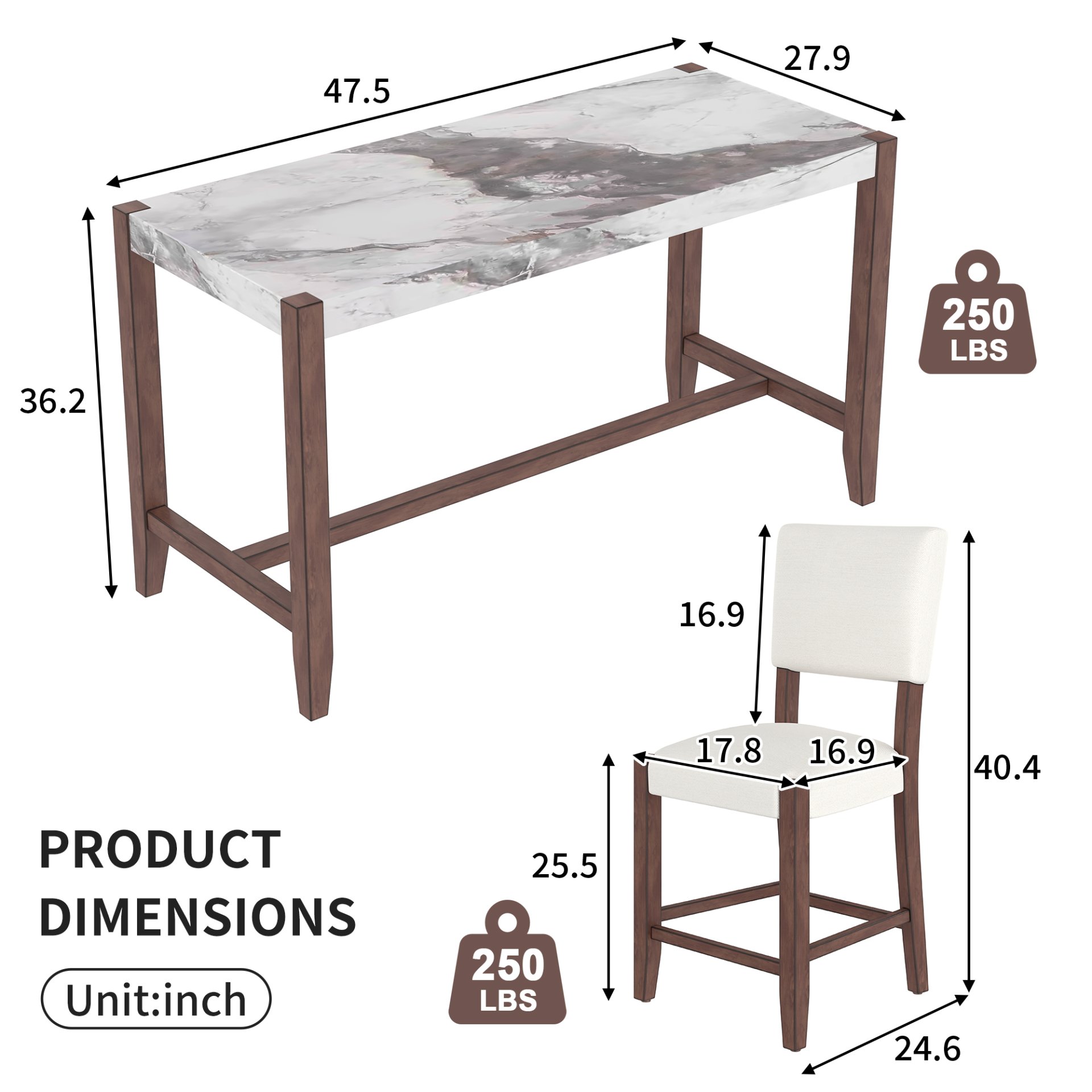 5 Piece Counter Height Dining Set, Faux Marble Bar Table With 4 Upholstered Chairs, Mid Century Style For Kitchen - Beige / White - Image 3