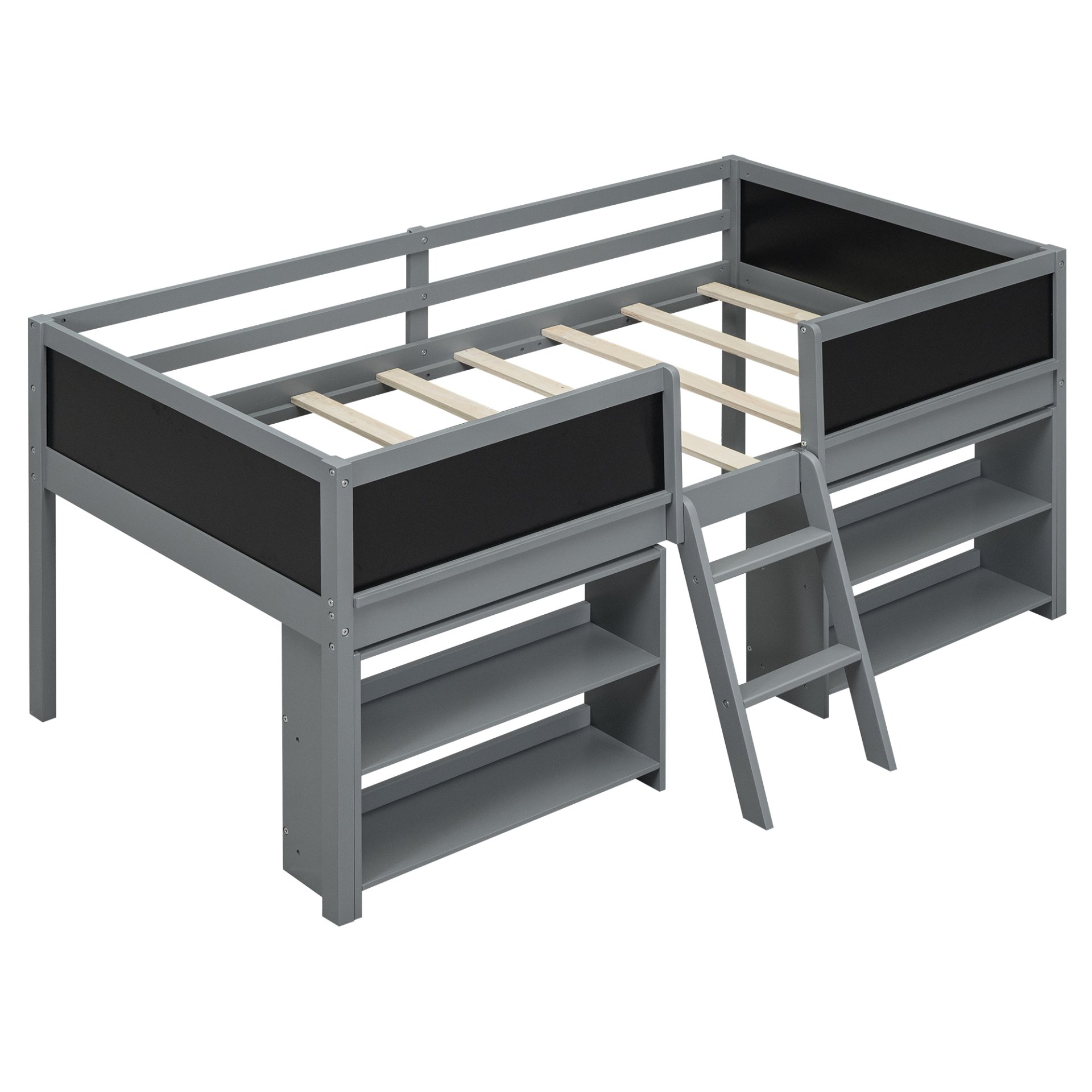 Twin Size Low Loft Bed With Movable Shelves And Ladder, Decorative Chalkboard Guardrail - Gray - Image 11