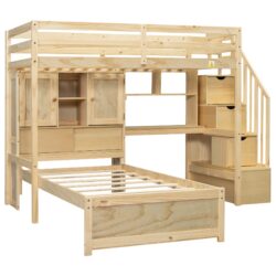Twin Over Twin Loft Bed With Built In Desk And Staircase - Natural