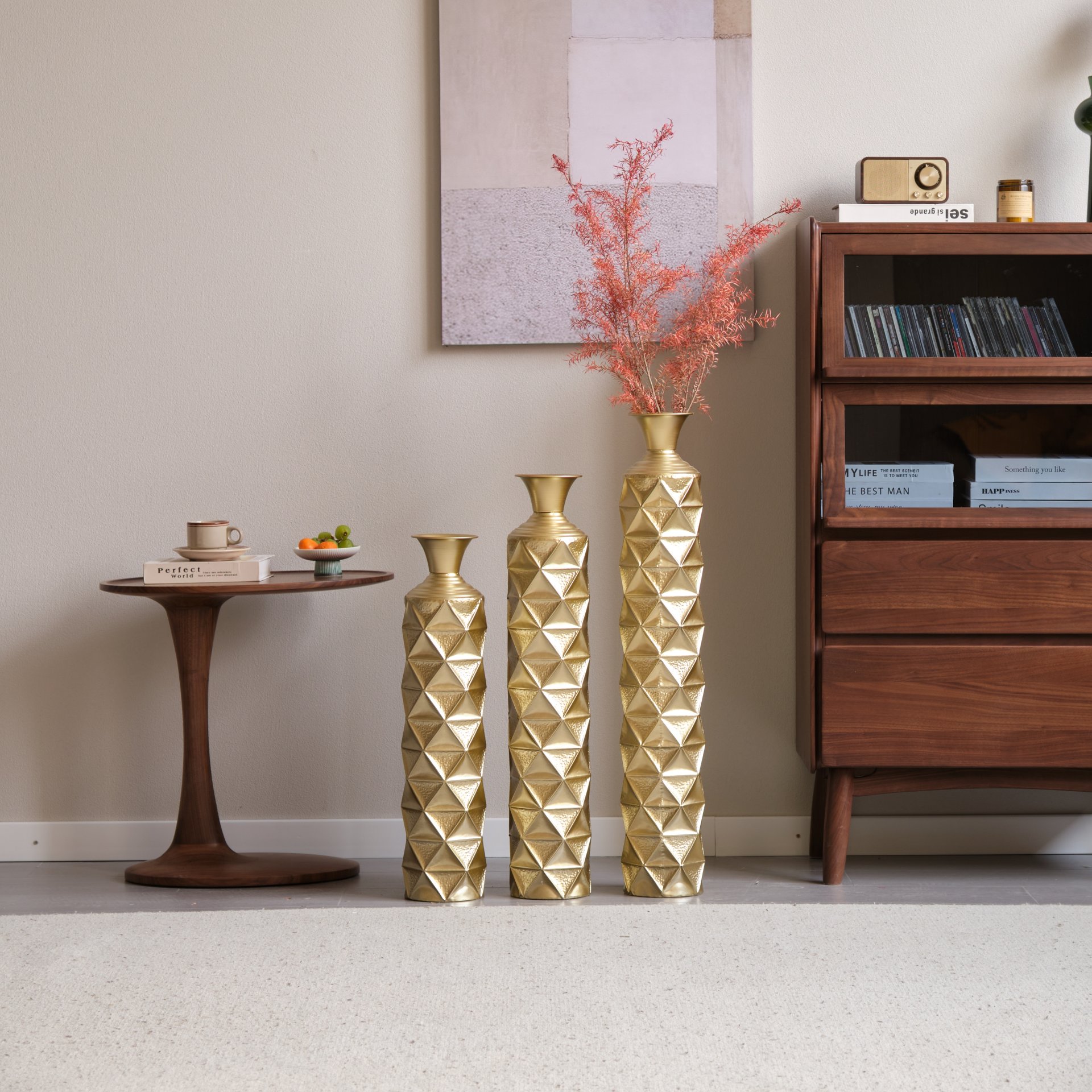 Metal Decorative Vase High Distress Metal Center Vase With 3D Triangle Pattern, (Set of 3) Vases For Home Decoration - Gold - Image 16