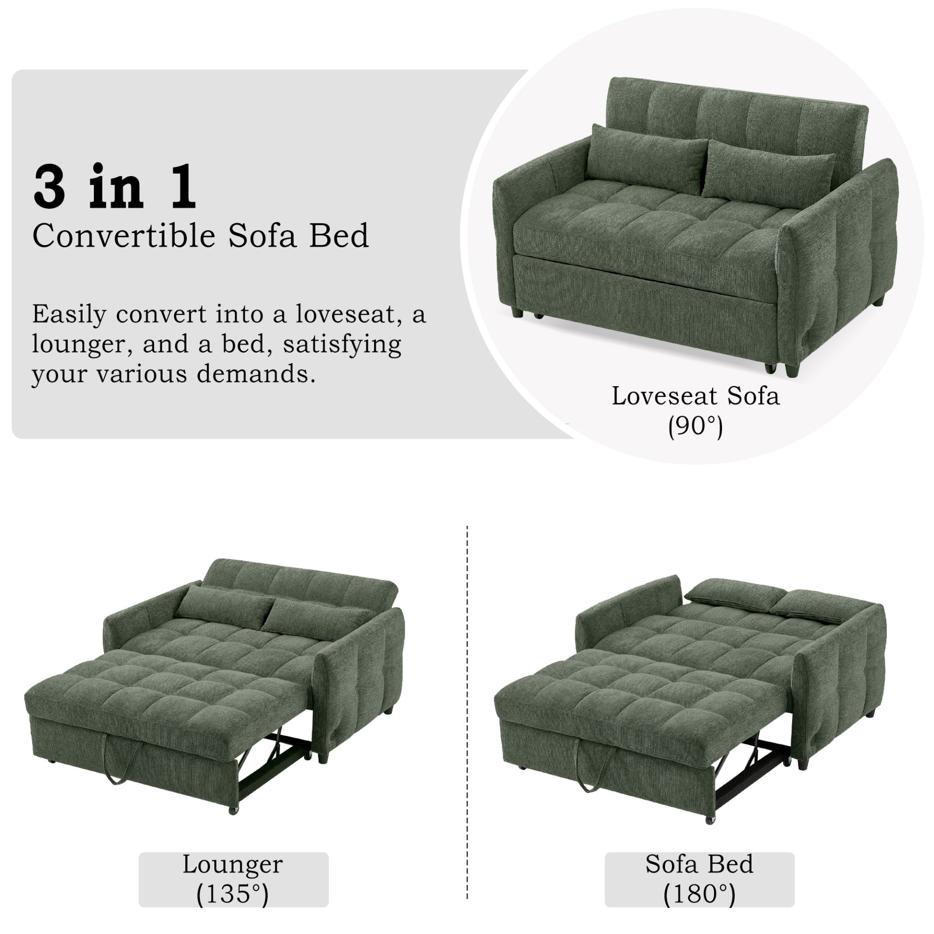 Tufted Loveseat Sofa Bed With Adjustable Backrest, 3 USB Ports, And 2 Lumbar Pillows - Green - Image 6