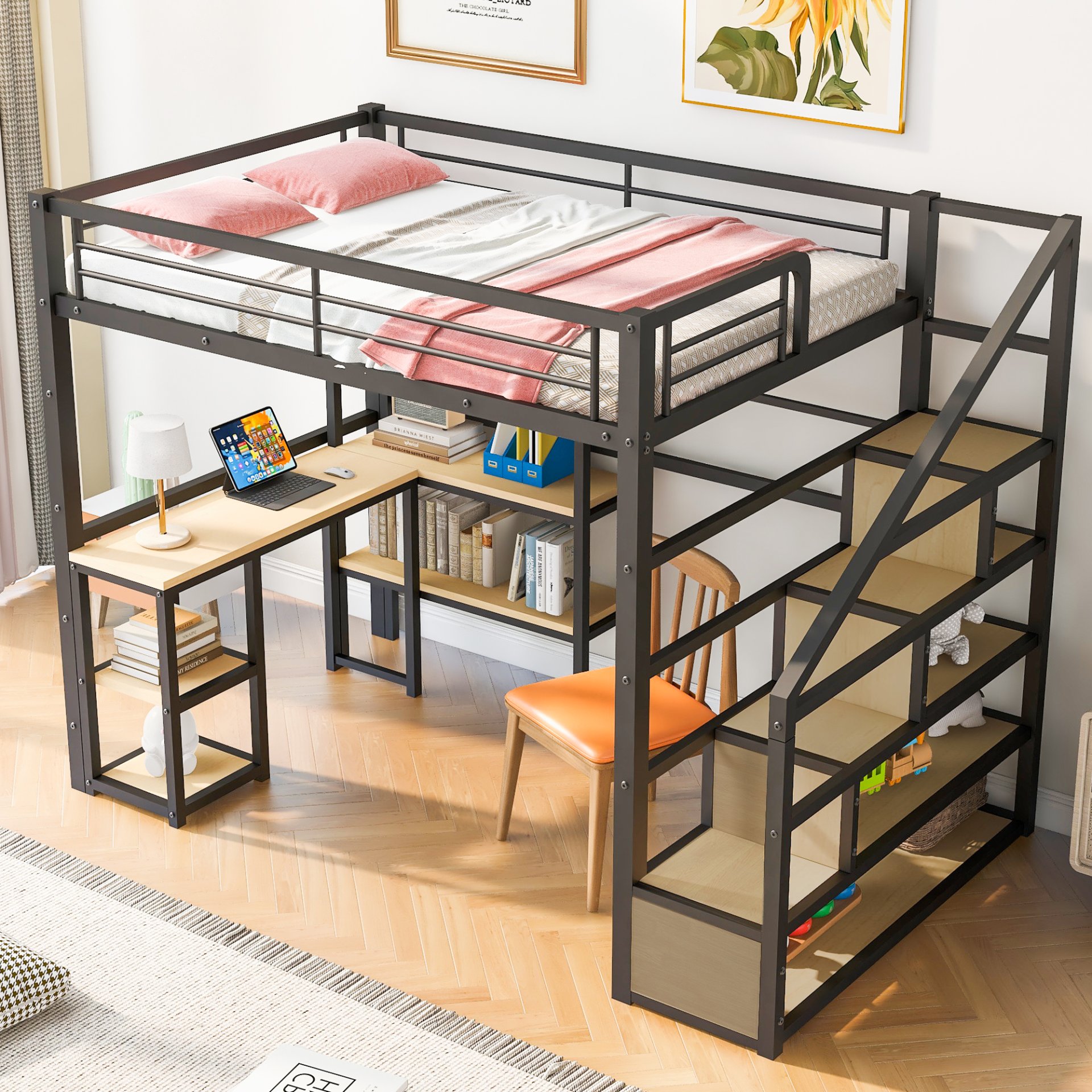Full Size Loft Bed With Staircase, Built In Desk And Shelves And Sleeping Surface - Black - Image 4