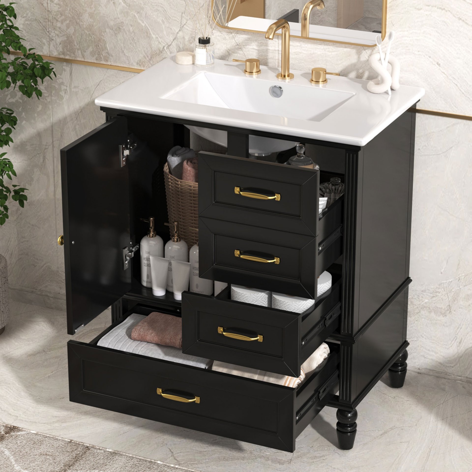 30" Bathroom Vanity With Sink, Cabinet With Door & 3 Drawers - Black - Image 4