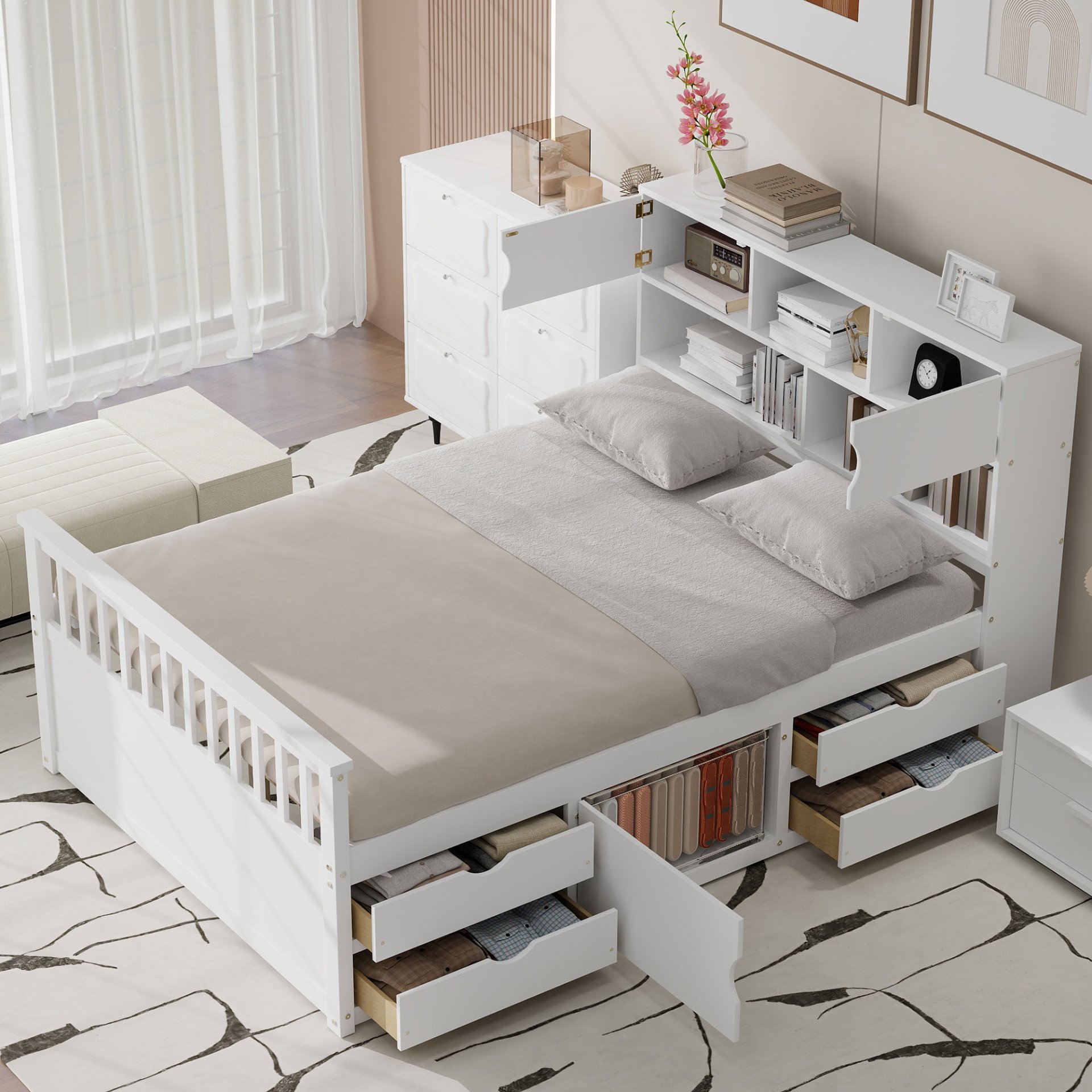 Full Size Captain Platform Bed Frame With Bookcase Headboard, Four Drawers, Storage Shelves - White - Image 5