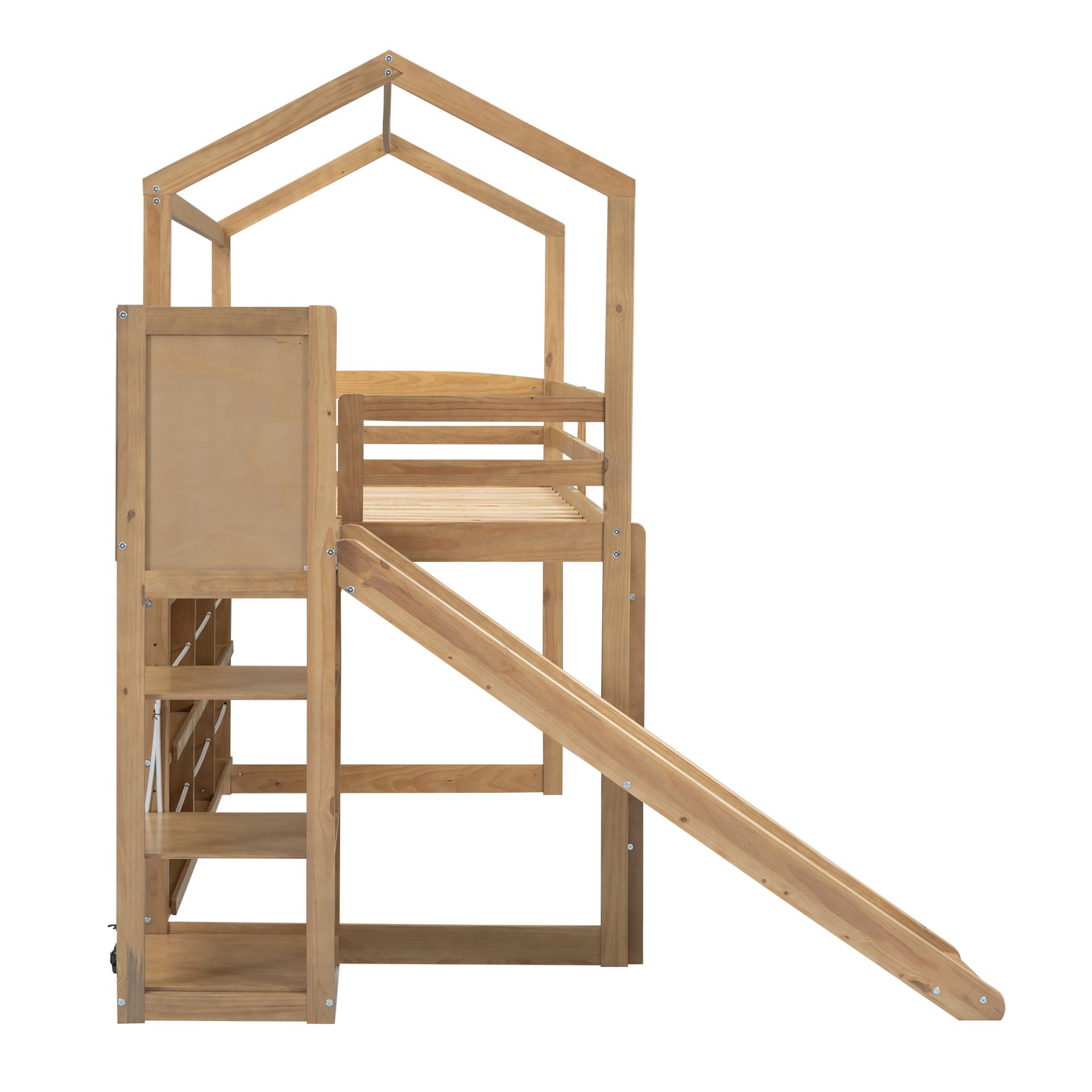 Twin Size House Loft Bed With Slide, Storage Shelves And Light, Climbing Ramp - Wood - Image 11