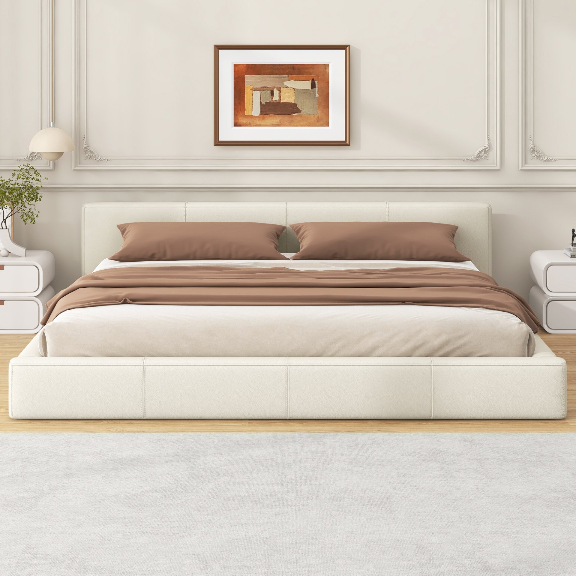 King Size Upholstered Bed With Minimalist Design - Beige - Image 5