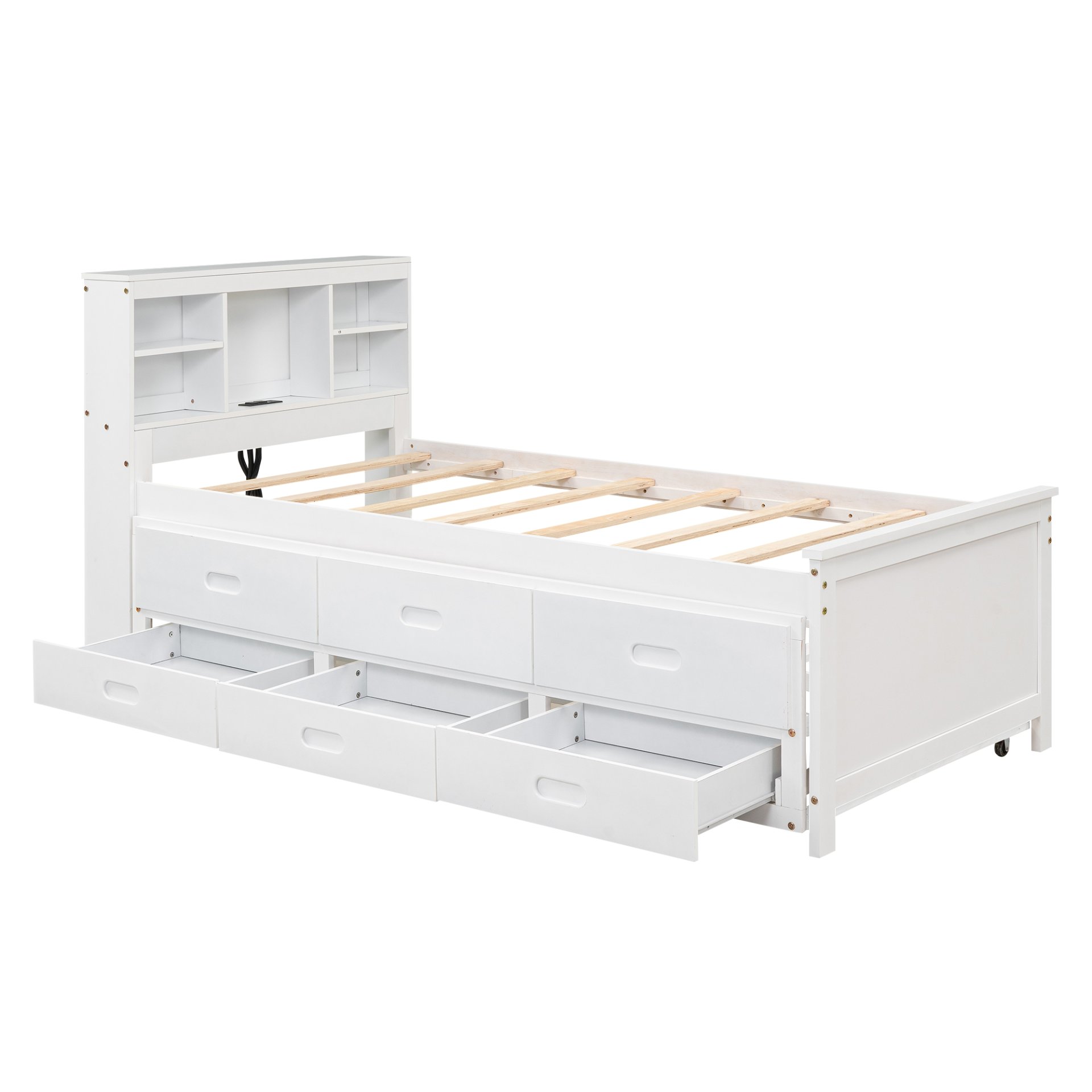 Twin Size Platform Bed With Storage Headboard, USB, Trundle And 3 Drawers - White - Image 9