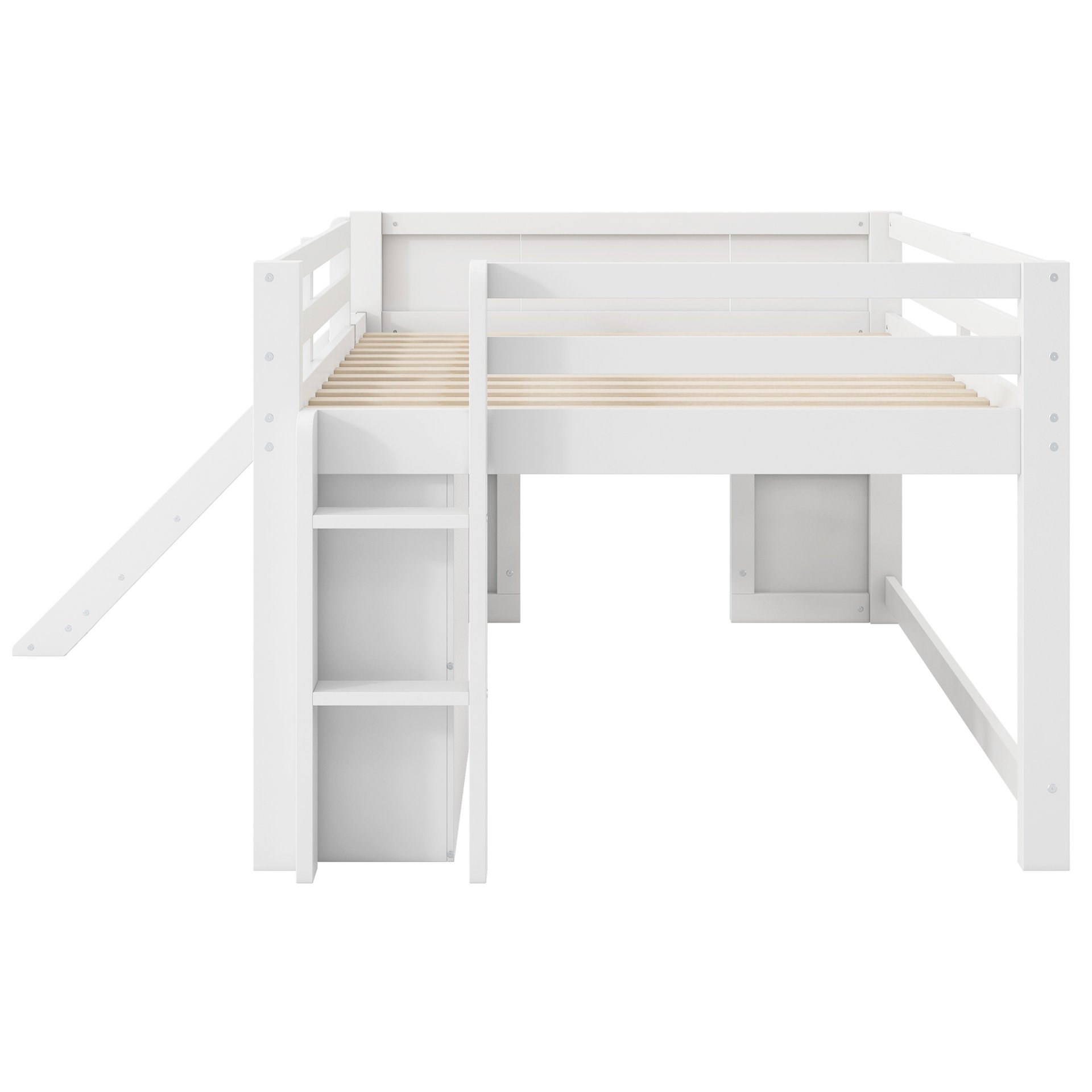 Full Size Low Loft Bed With Slide, Three Storage Drawers, And 2 Doors - White - Image 10