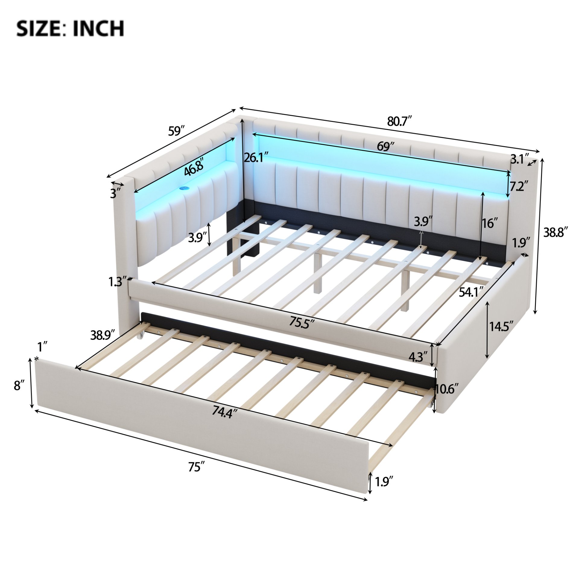 Full Size Upholstered Platform Bed With USB Ports, LED Belt And Trundle - White - Image 3
