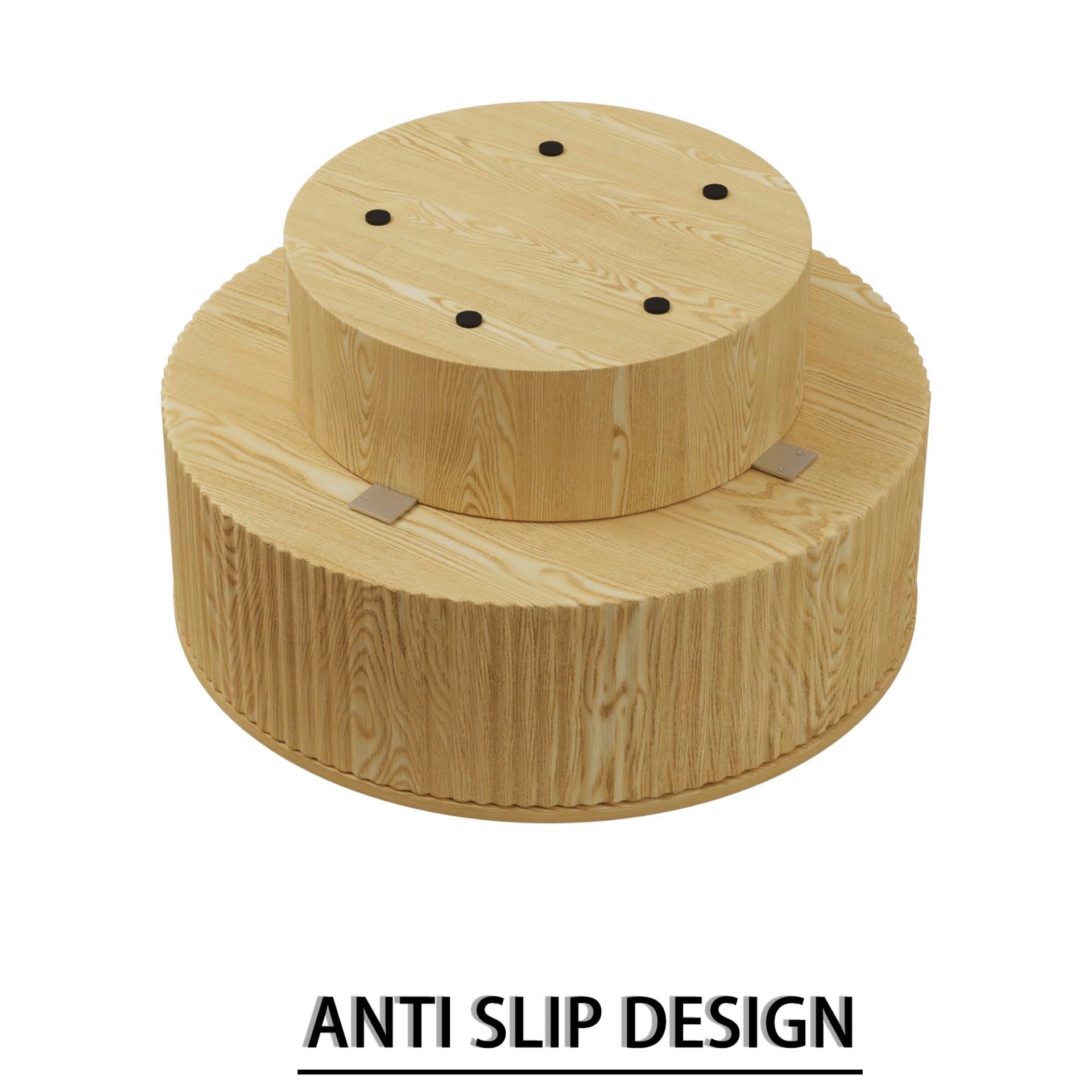 Circular Coffee Table With Stripe Design And Storage Space - Natural Wood - Image 13