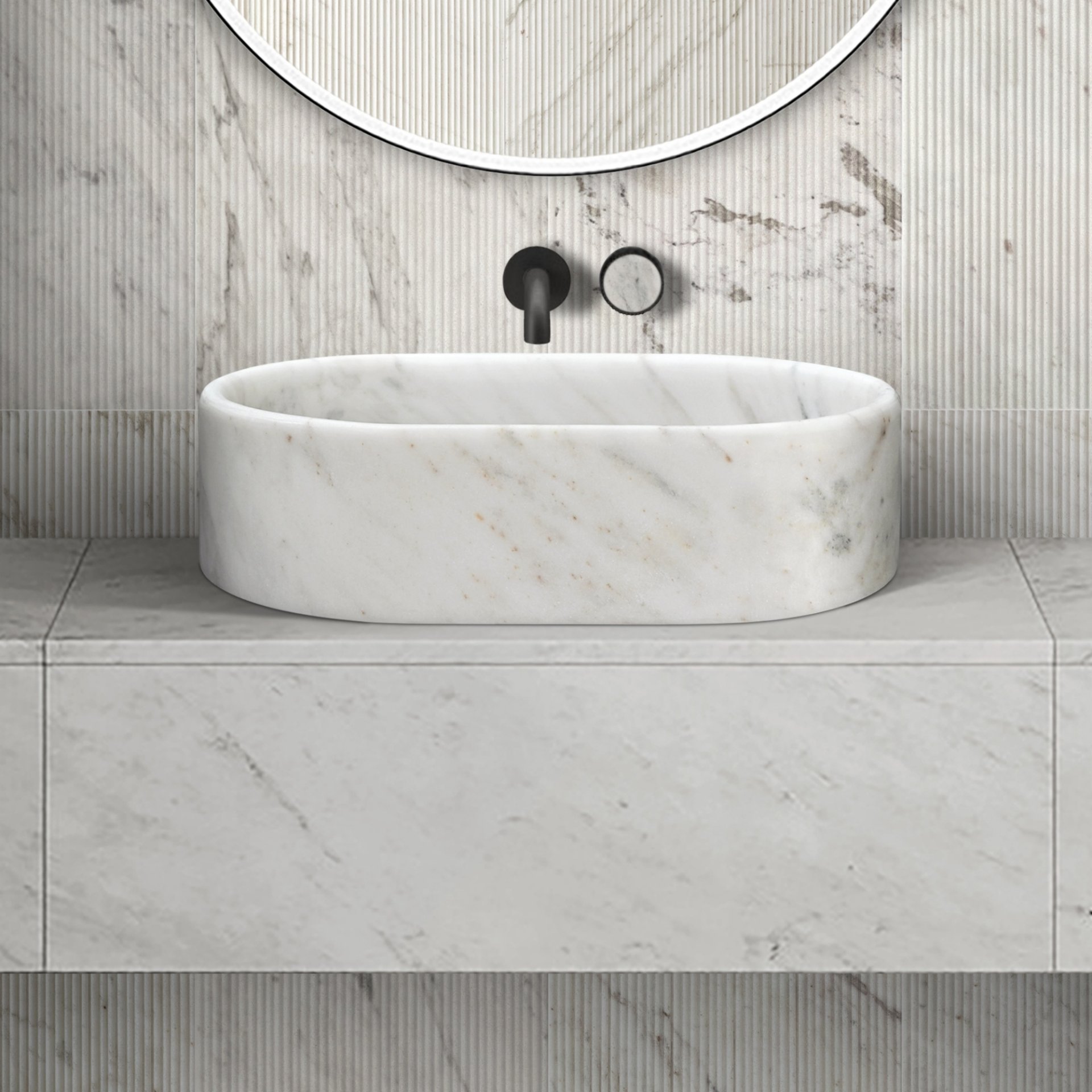Vessel Sink, Semi Polished Surface, Genuine Real Marble, Oval Shape - White / Natural - Image 7