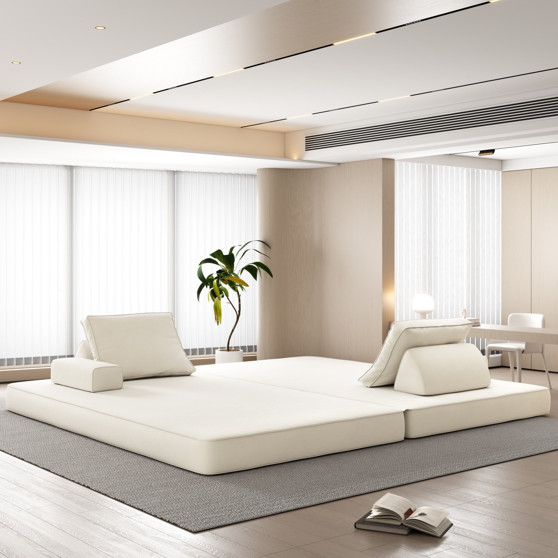 Multifunctional Convertible Sofa Bed With 2 Tumbler Backrests And 2 Pillows, Diy Modern Upholstered Couch - Beige - Image 13