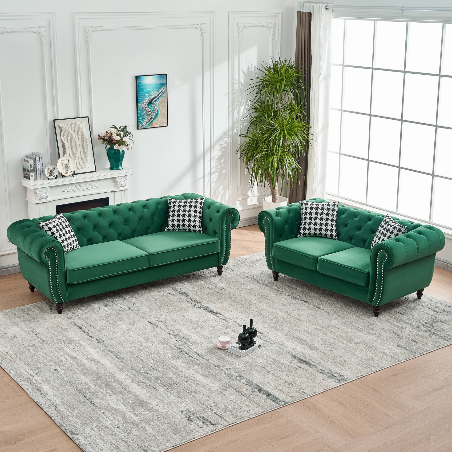 Chesterfield Sofa With Roll Armrest & Nailhead, 3 And 2 Seater - Green - Image 11
